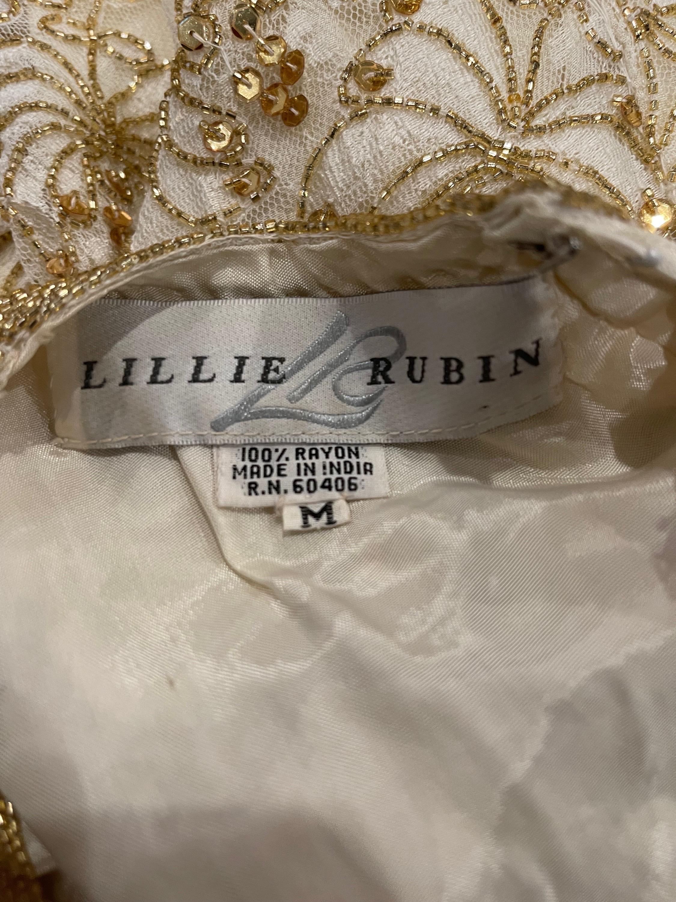 Beige Lillie Rubin 1980s Ivory Off White + Gold Lace Sequin Beaded Vintage 80s Dress For Sale