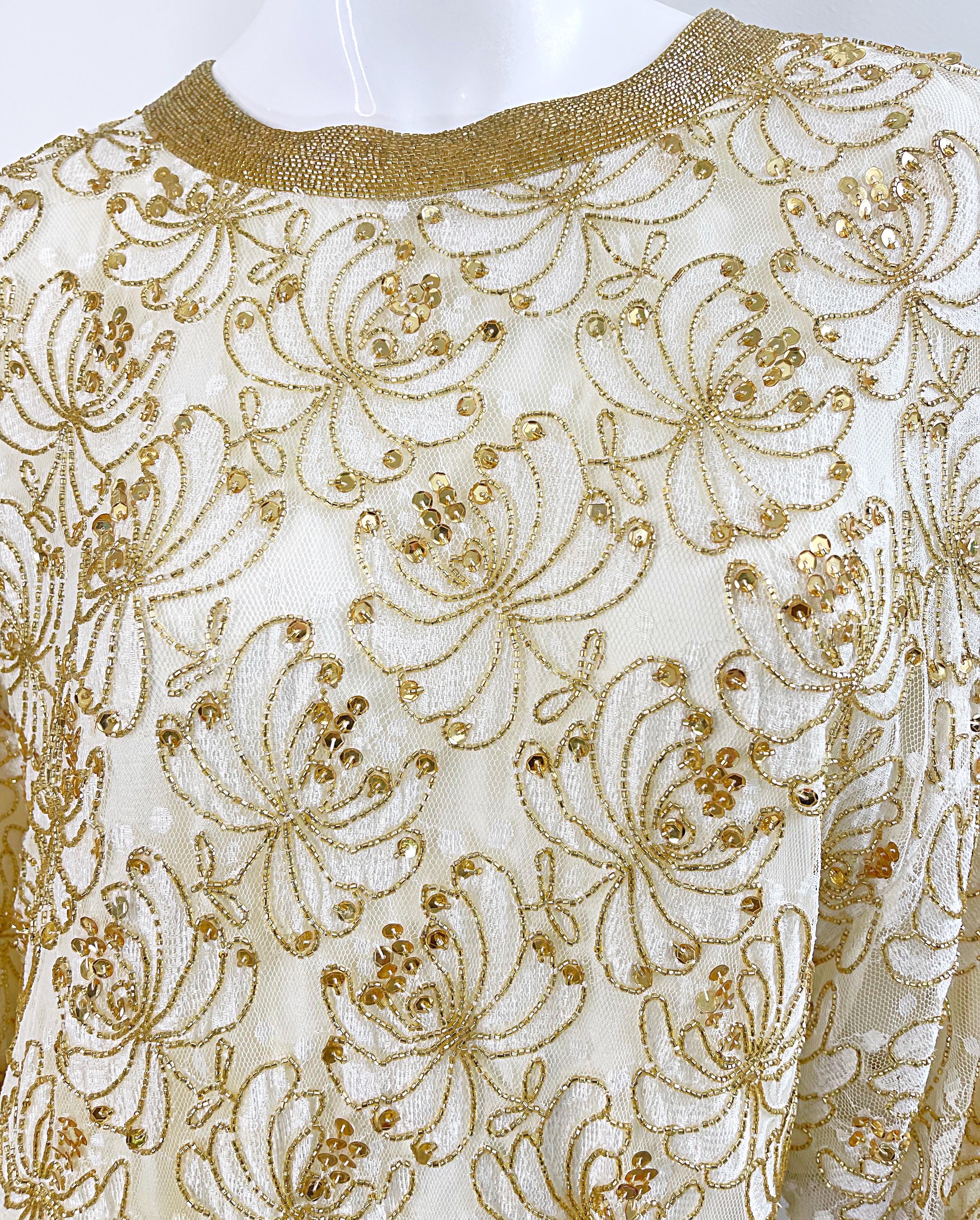 Women's Lillie Rubin 1980s Ivory Off White + Gold Lace Sequin Beaded Vintage 80s Dress For Sale