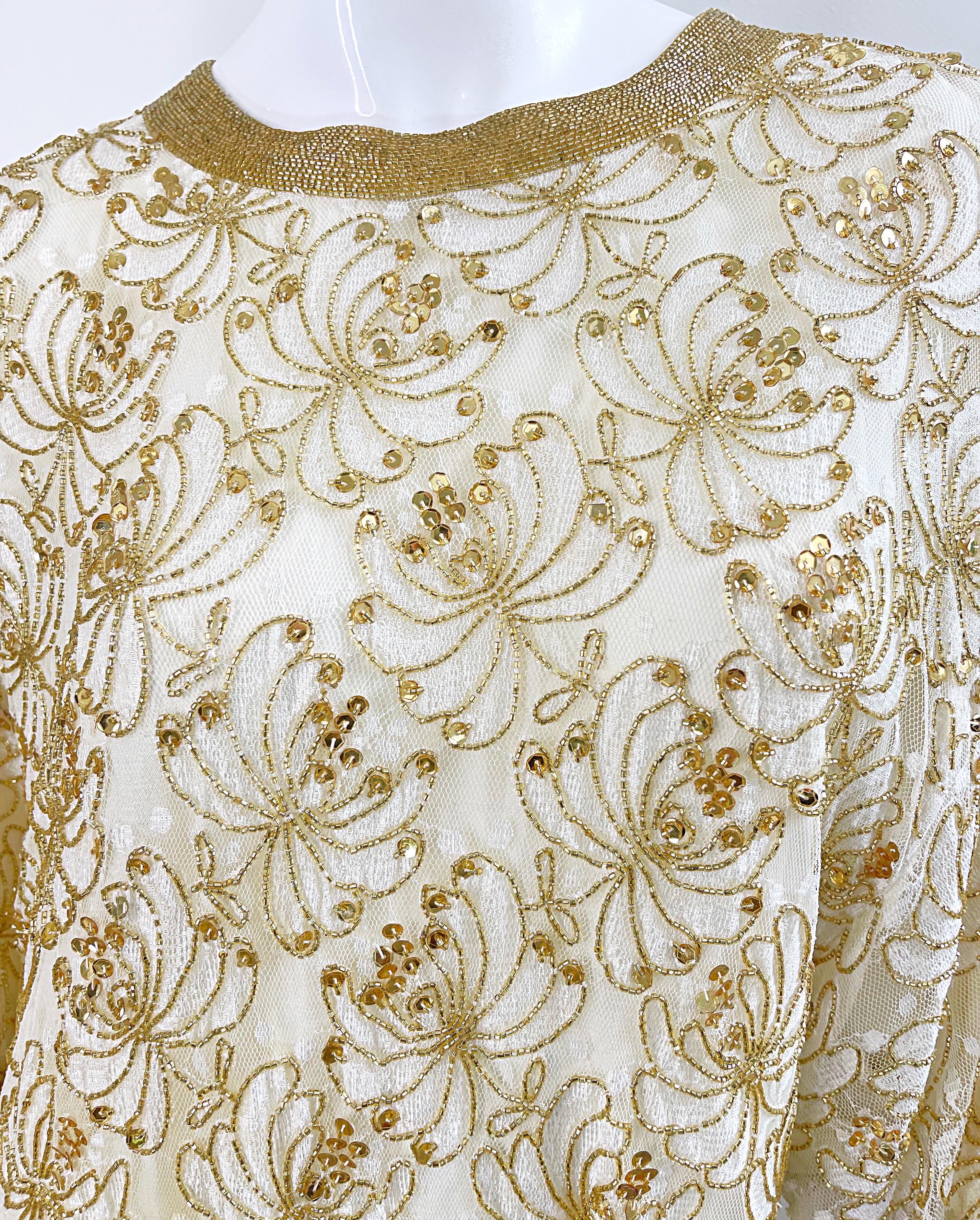 Lillie Rubin 1980s Ivory Off White + Gold Lace Sequin Beaded Vintage 80s Dress In Excellent Condition For Sale In San Diego, CA