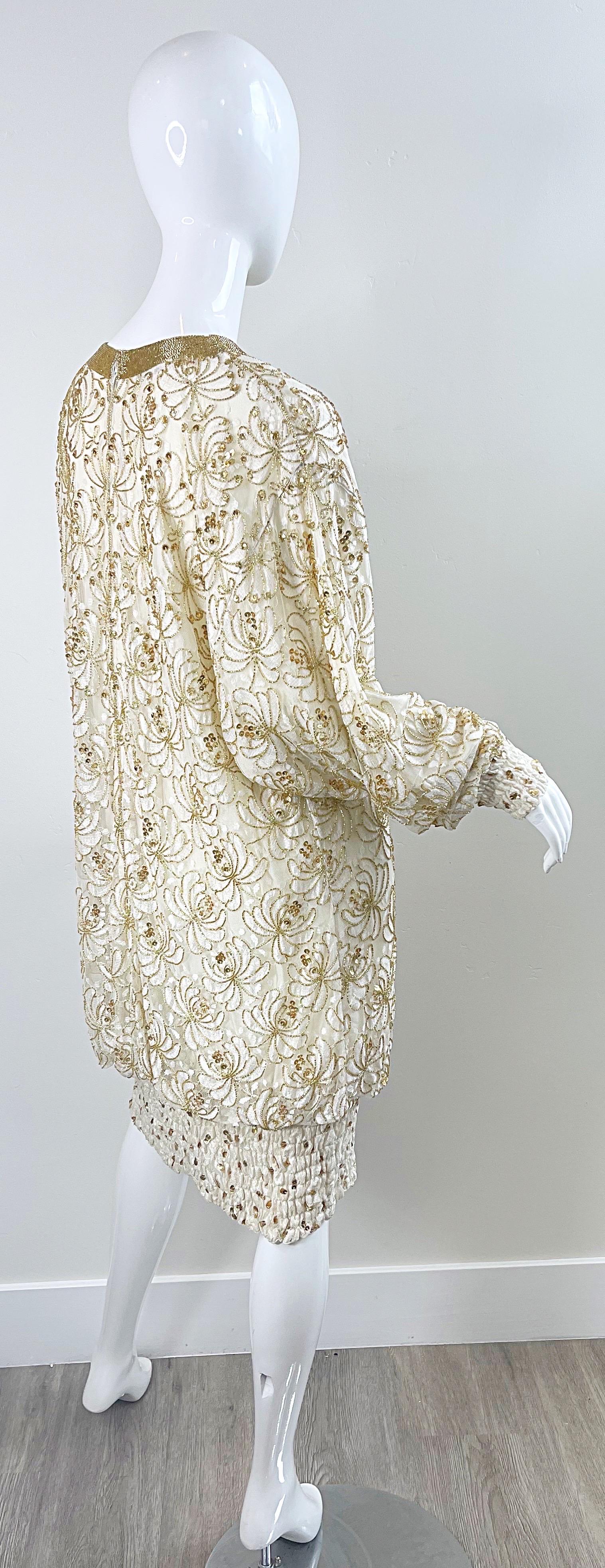 Women's Lillie Rubin 1980s Ivory Off White + Gold Lace Sequin Beaded Vintage 80s Dress For Sale