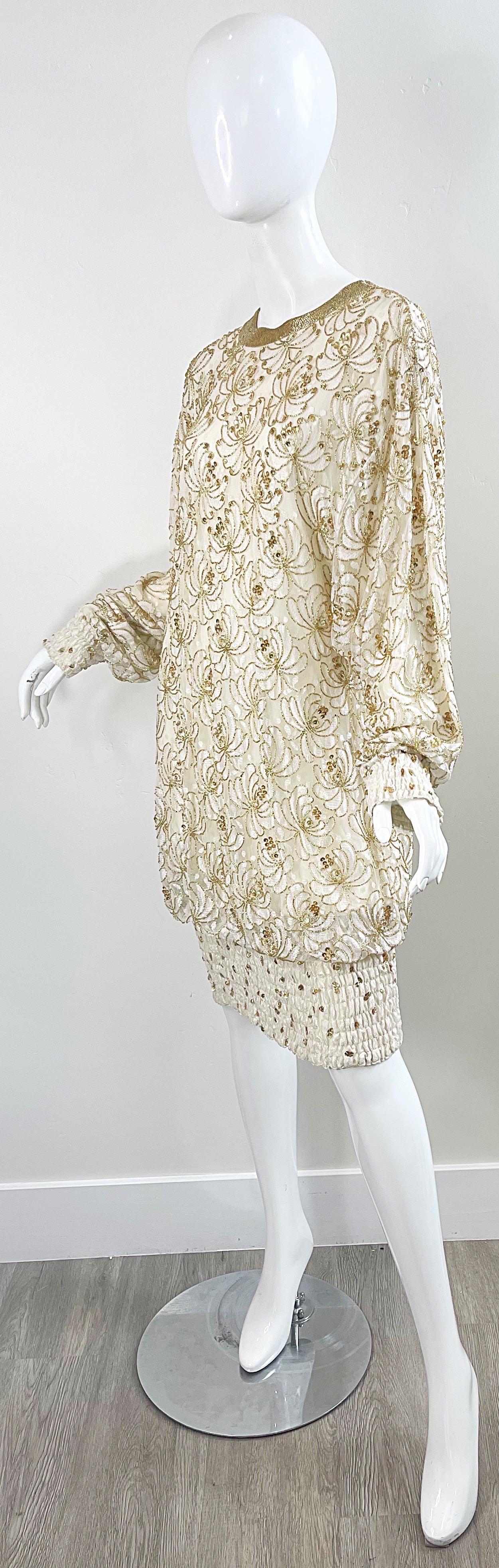 Lillie Rubin 1980s Ivory Off White + Gold Lace Sequin Beaded Vintage 80s Dress For Sale 2