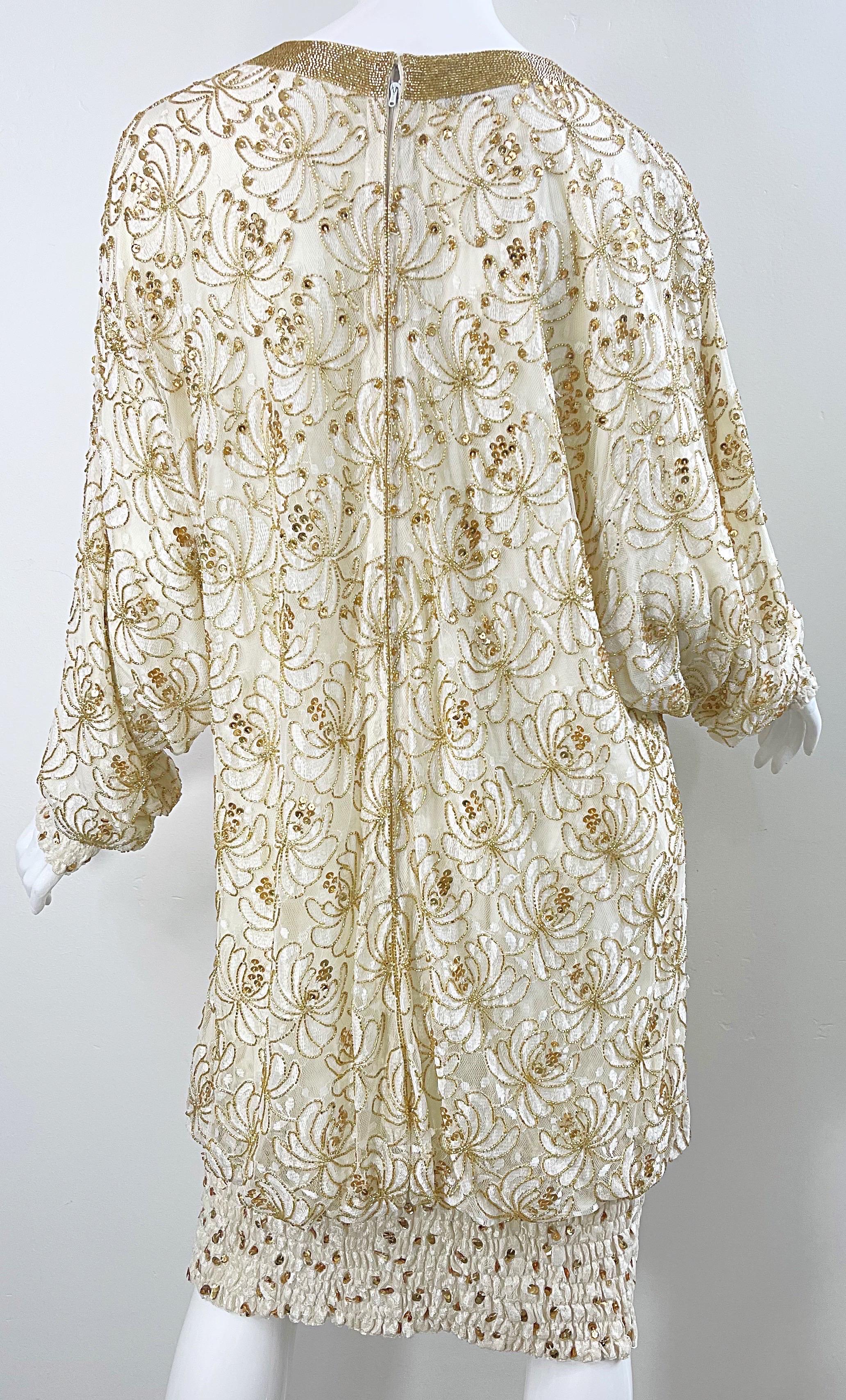Lillie Rubin 1980s Ivory Off White + Gold Lace Sequin Beaded Vintage 80s Dress For Sale 3