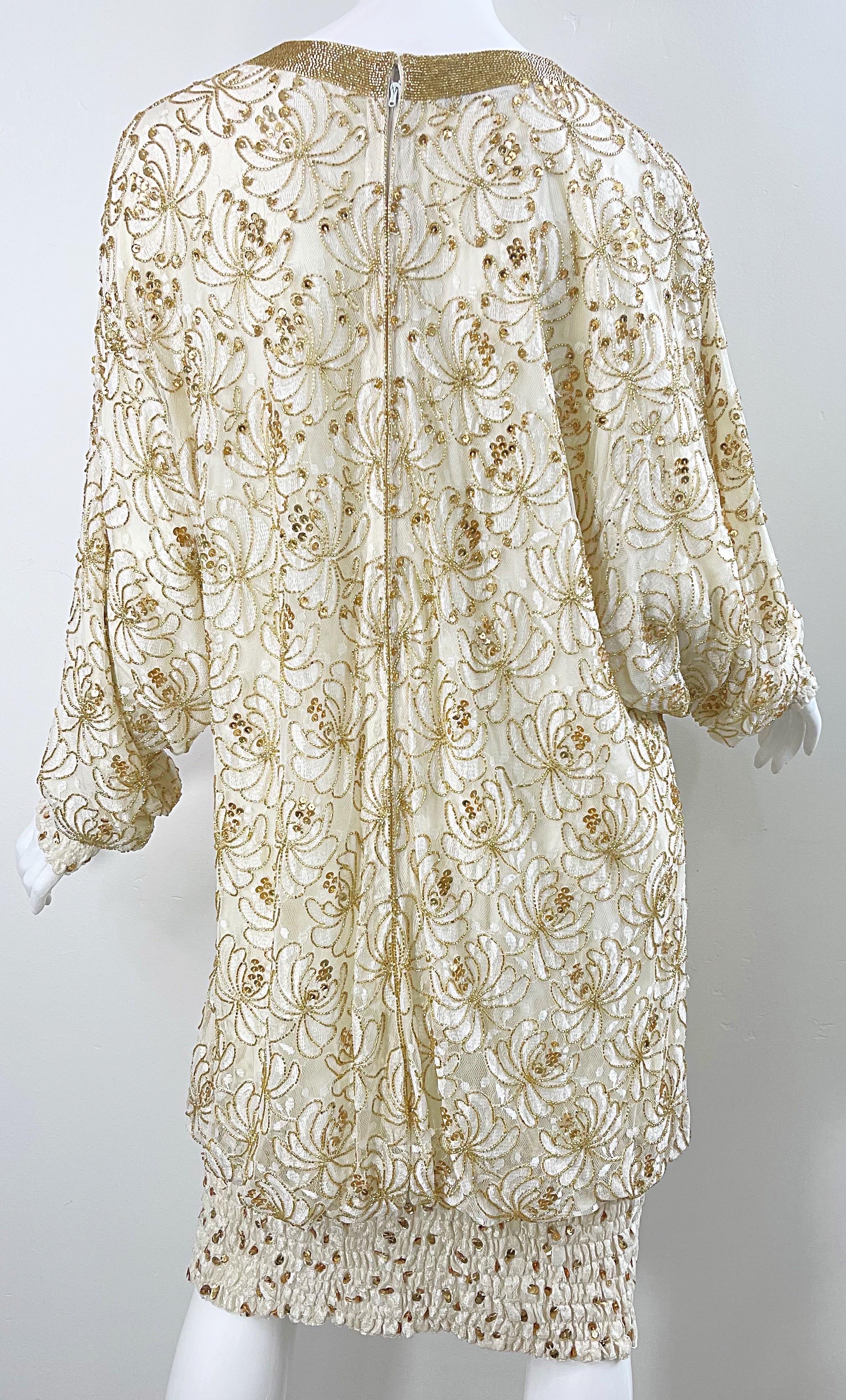Lillie Rubin 1980s Ivory Off White + Gold Lace Sequin Beaded Vintage 80s Dress For Sale 2