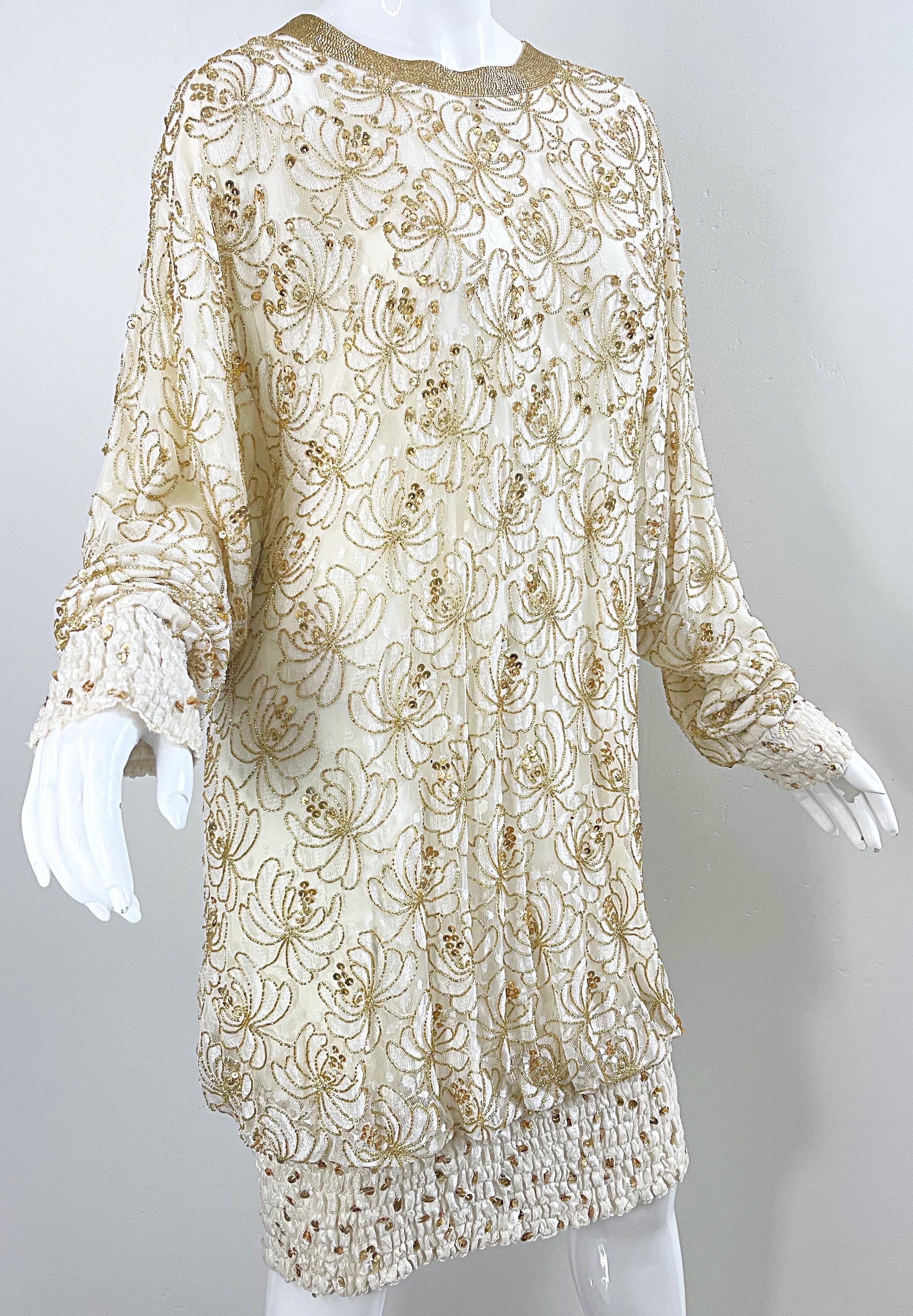 Lillie Rubin 1980s Ivory Off White + Gold Lace Sequin Beaded Vintage 80s Dress For Sale 4