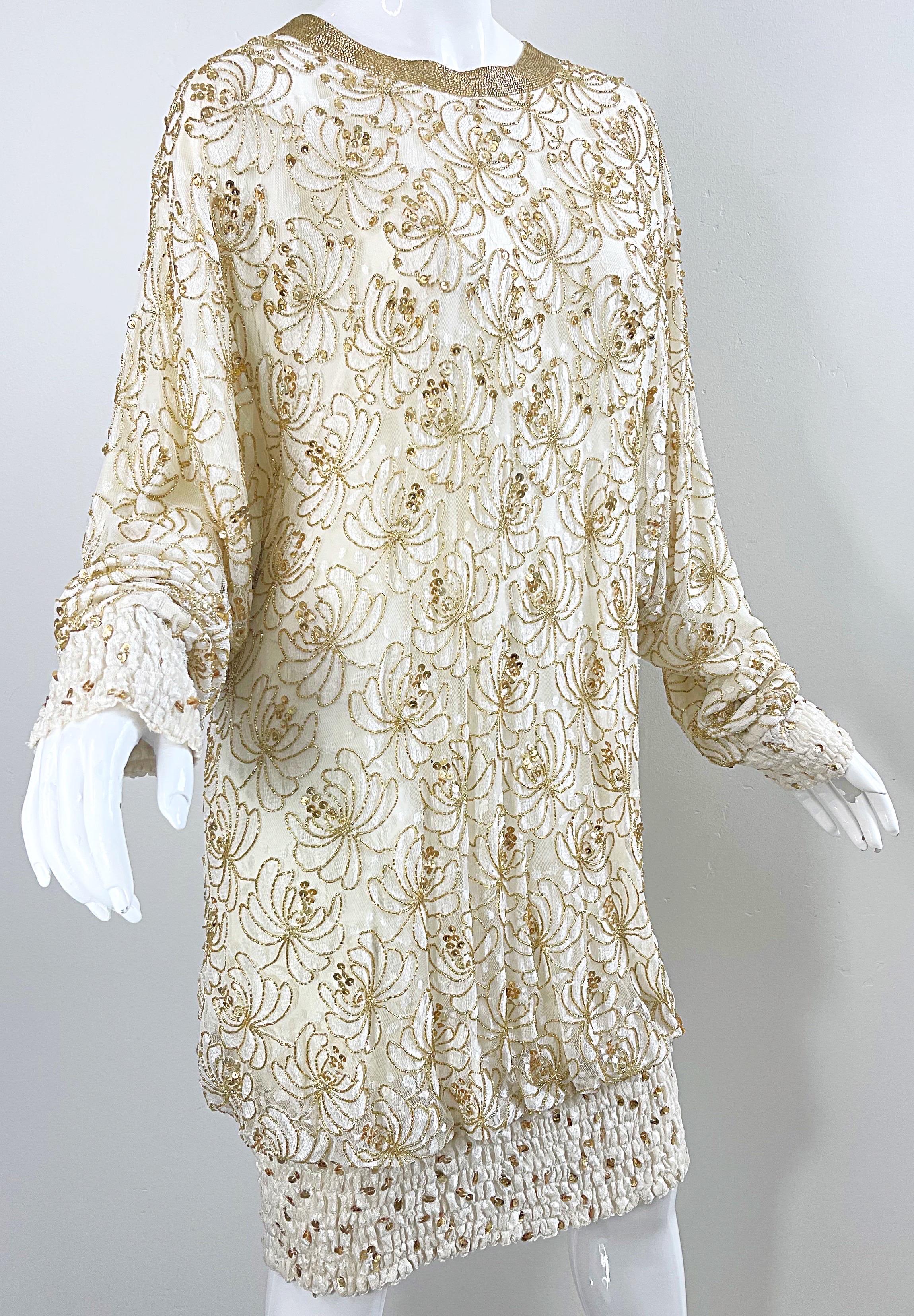 Lillie Rubin 1980s Ivory Off White + Gold Lace Sequin Beaded Vintage 80s Dress For Sale 3