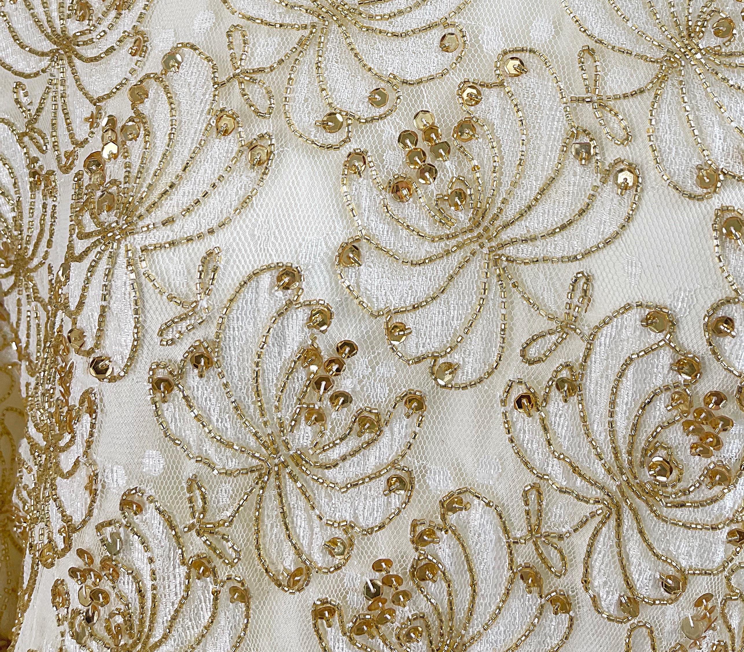Lillie Rubin 1980s Ivory Off White + Gold Lace Sequin Beaded Vintage 80s Dress For Sale 4