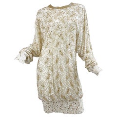 Lillie Rubin 1980s Avorio Off White + Oro Pizzo Paillettes Abito Vintage 80s con Perline