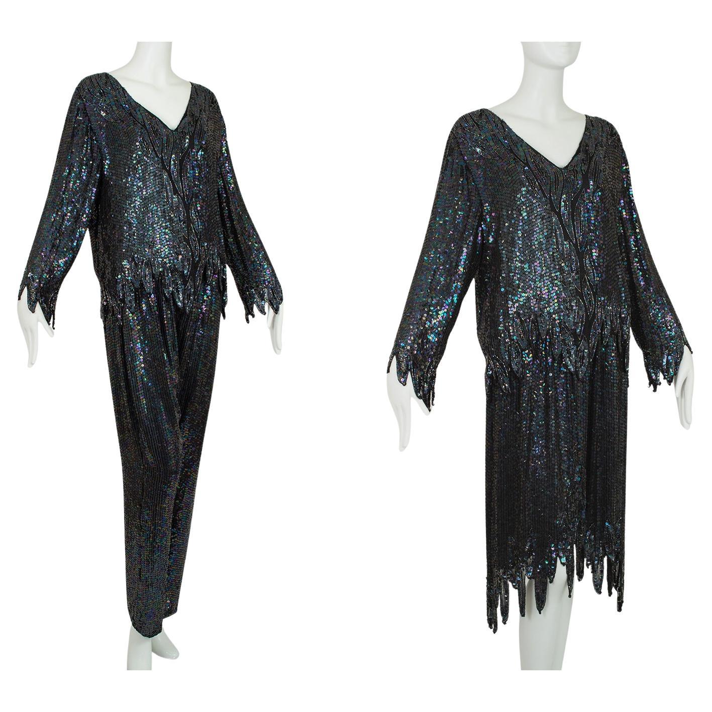 Lillie Rubin Set di 3 pezzi con top, gonna e jogger in paillettes nere Zig Zag - M. L.A., anni '80 in vendita