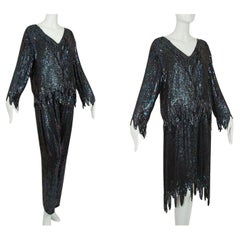 Lillie Rubin 3-Piece Black Sequin Zig Zag Top, Skirt and Jogger Set – M-L, 1980s