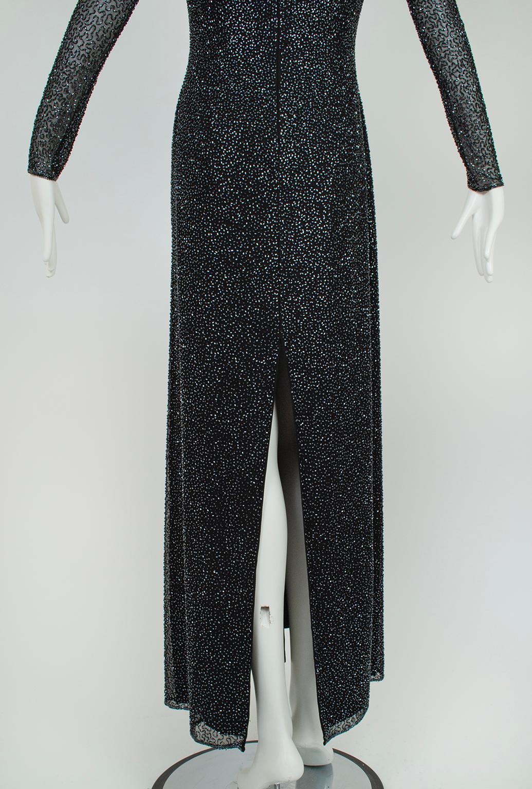 Lillie Rubin Black Full Length Beaded Column Gown w Illusion Sleeves – L, 21st C For Sale 6