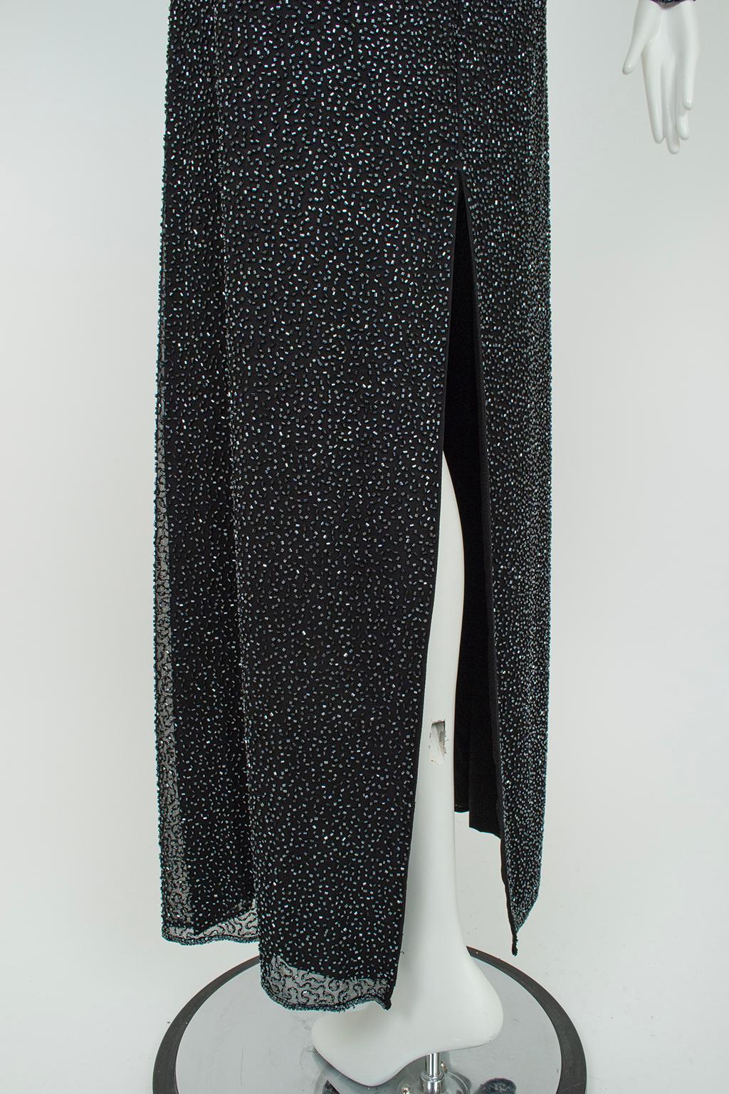 Lillie Rubin Black Full Length Beaded Column Gown w Illusion Sleeves – L, 21st C For Sale 8