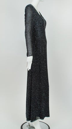 Lillie Rubin Black Full Length Beaded Column Gown w Illusion Sleeves – L, 21st C
