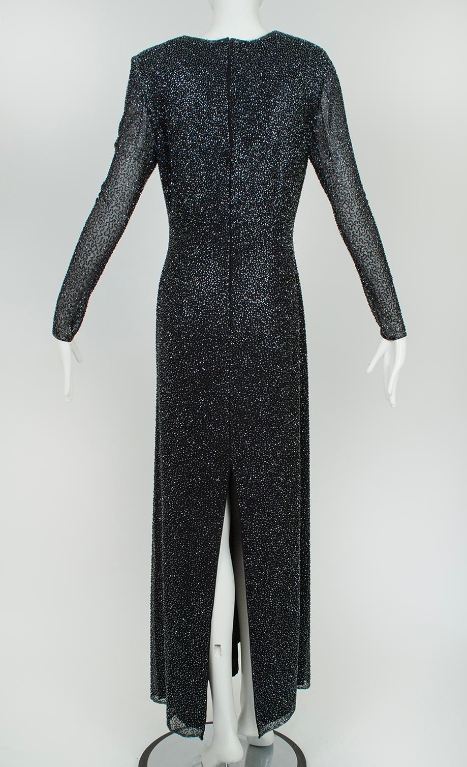 Lillie Rubin Black Full Length Beaded Column Gown w Illusion Sleeves – L, 21st C In Excellent Condition For Sale In Tucson, AZ