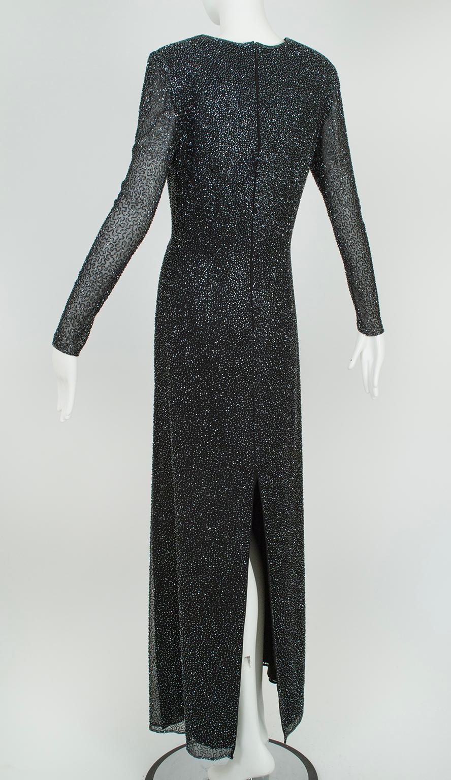 Women's Lillie Rubin Black Full Length Beaded Column Gown w Illusion Sleeves – L, 21st C For Sale