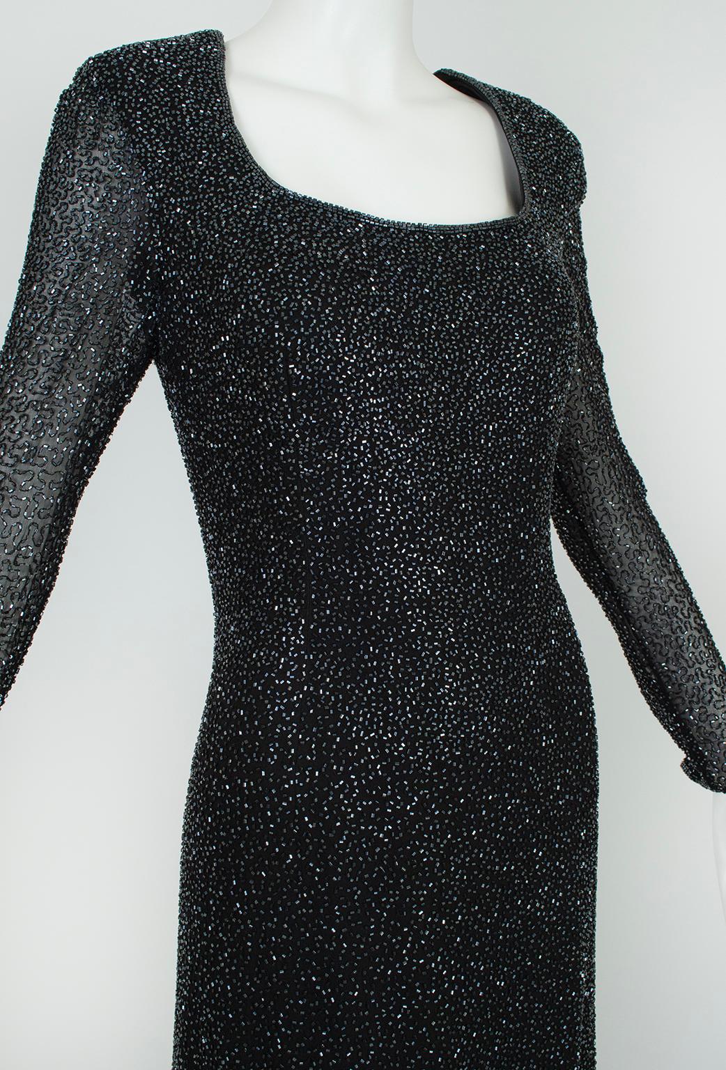 Lillie Rubin Black Full Length Beaded Column Gown w Illusion Sleeves – L, 21st C For Sale 1