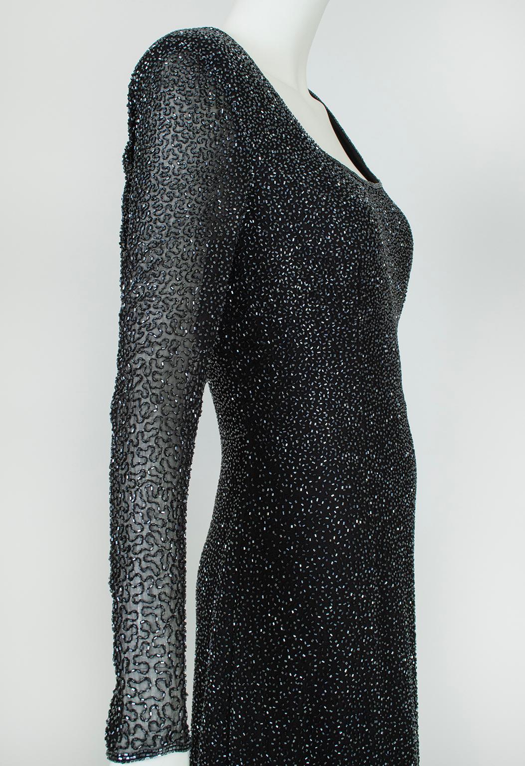 Lillie Rubin Black Full Length Beaded Column Gown w Illusion Sleeves – L, 21st C For Sale 2