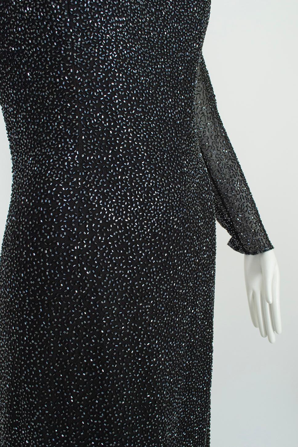 Lillie Rubin Black Full Length Beaded Column Gown w Illusion Sleeves – L, 21st C For Sale 3
