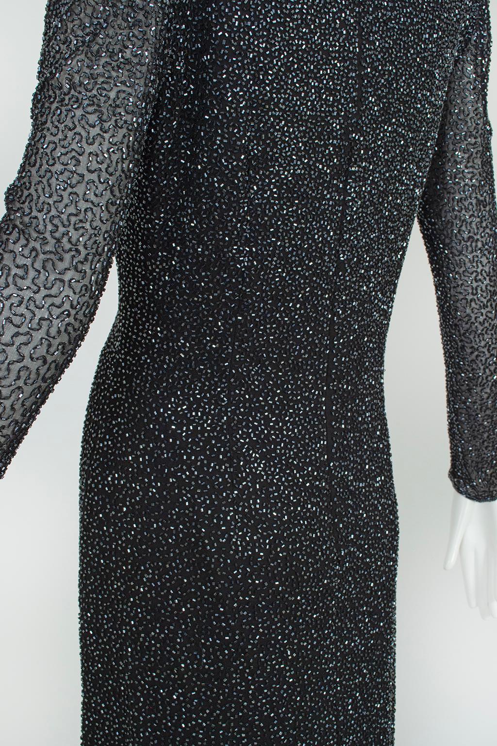 Lillie Rubin Black Full Length Beaded Column Gown w Illusion Sleeves – L, 21st C For Sale 4