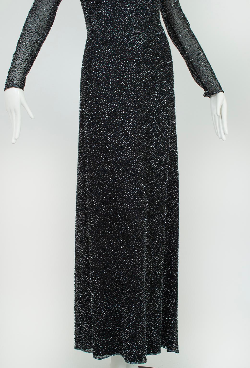Lillie Rubin Black Full Length Beaded Column Gown w Illusion Sleeves – L, 21st C For Sale 5