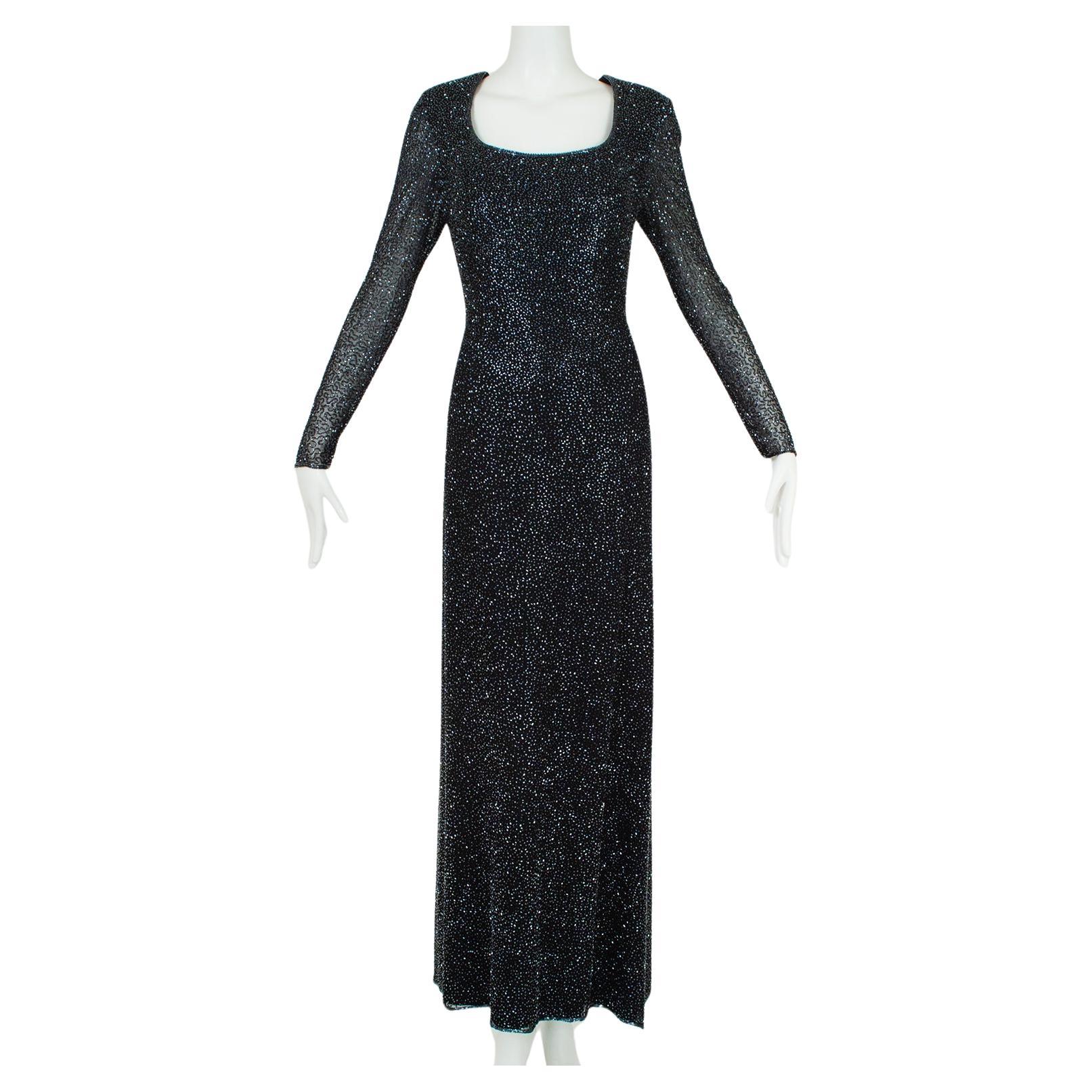 Lillie Rubin Black Full Length Beaded Column Gown w Illusion Sleeves – L, 21st C For Sale