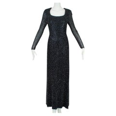 Lillie Rubin Black Full Length Beaded Column Gown w Illusion Sleeves – L, 21st C
