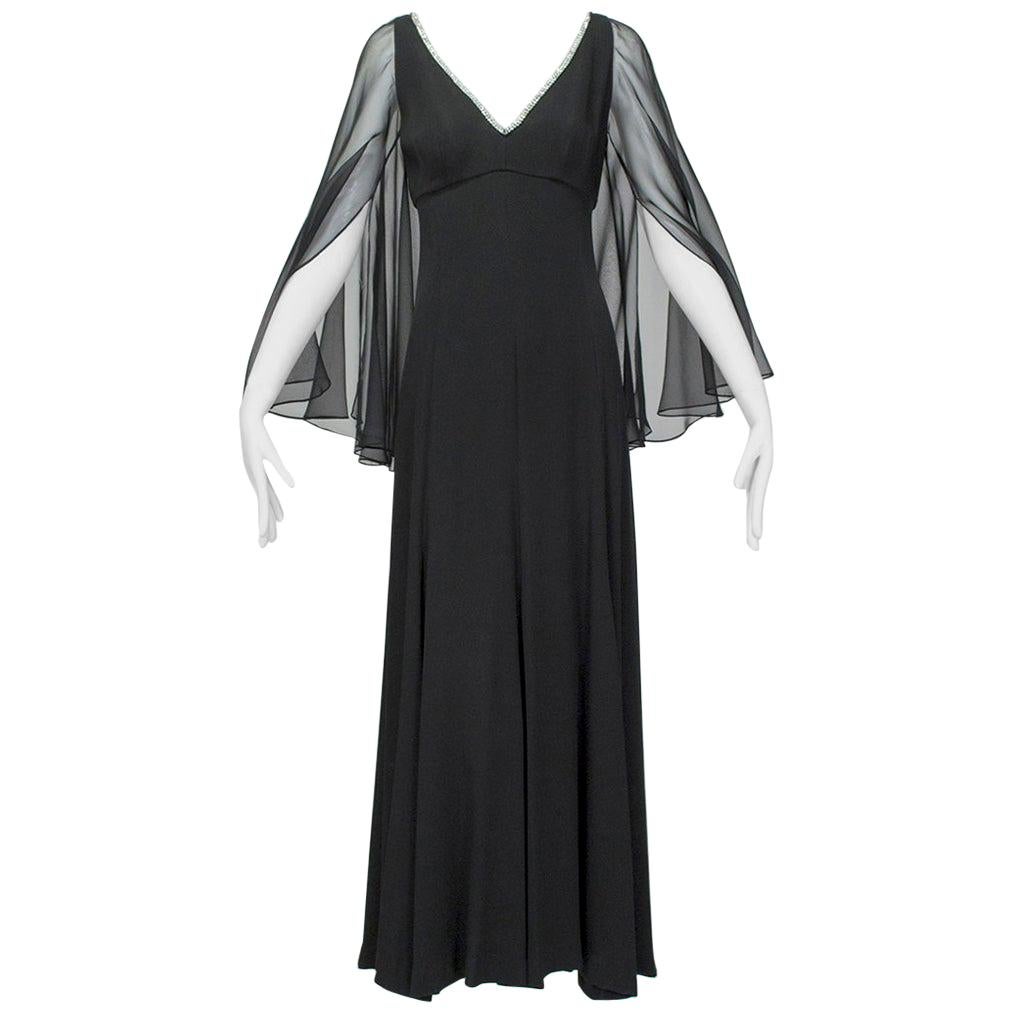 Lillie Rubin Black Sheer Angel Wing Gown with Rhinestone Plunge - Small, 1960s