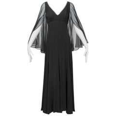 Retro Lillie Rubin Black Sheer Angel Wing Gown with Rhinestone Plunge - Small, 1960s