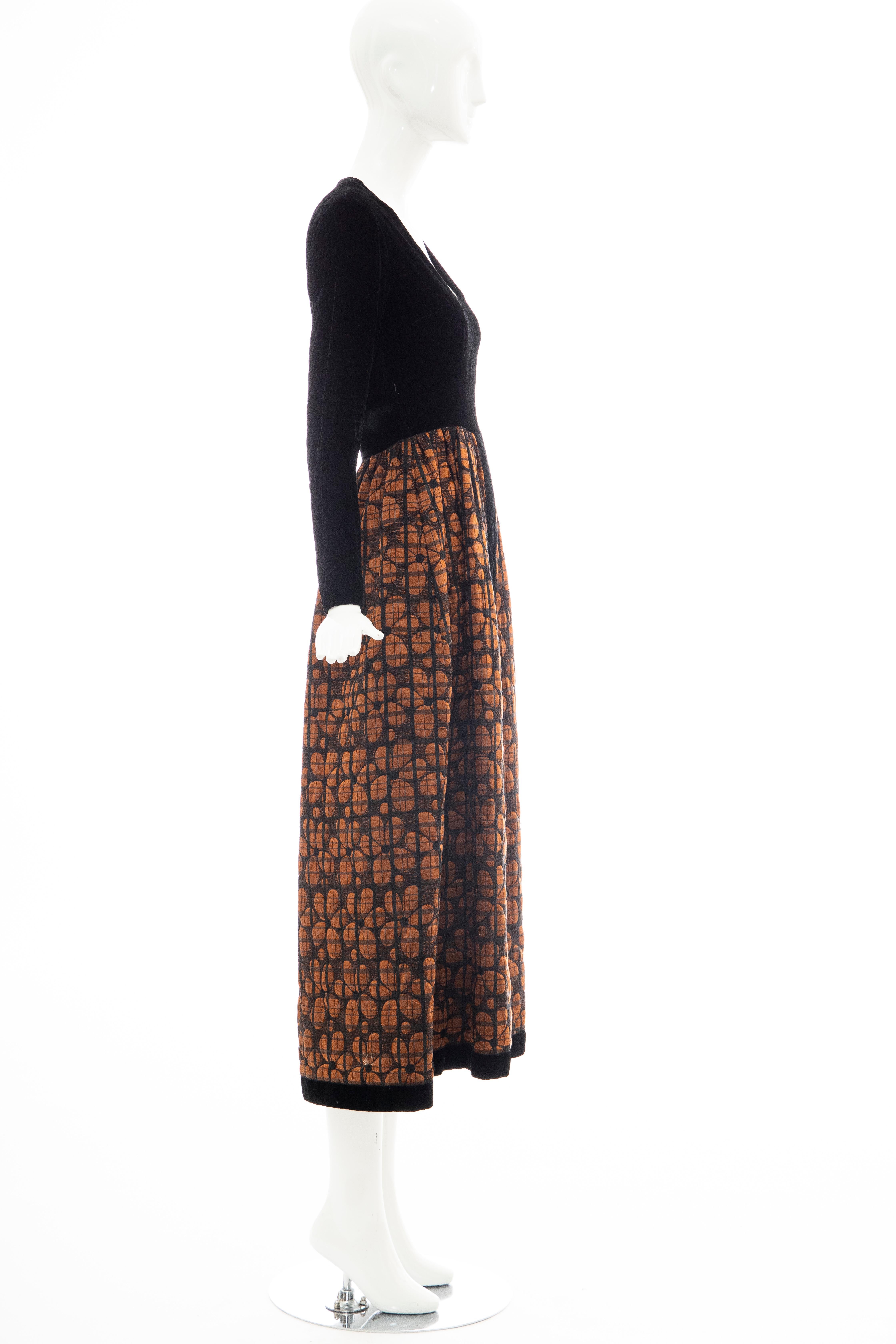 Lillie Rubin Black Silk Velvet Copper Quilted Skirt Evening Dress, Circa: 1970's 1