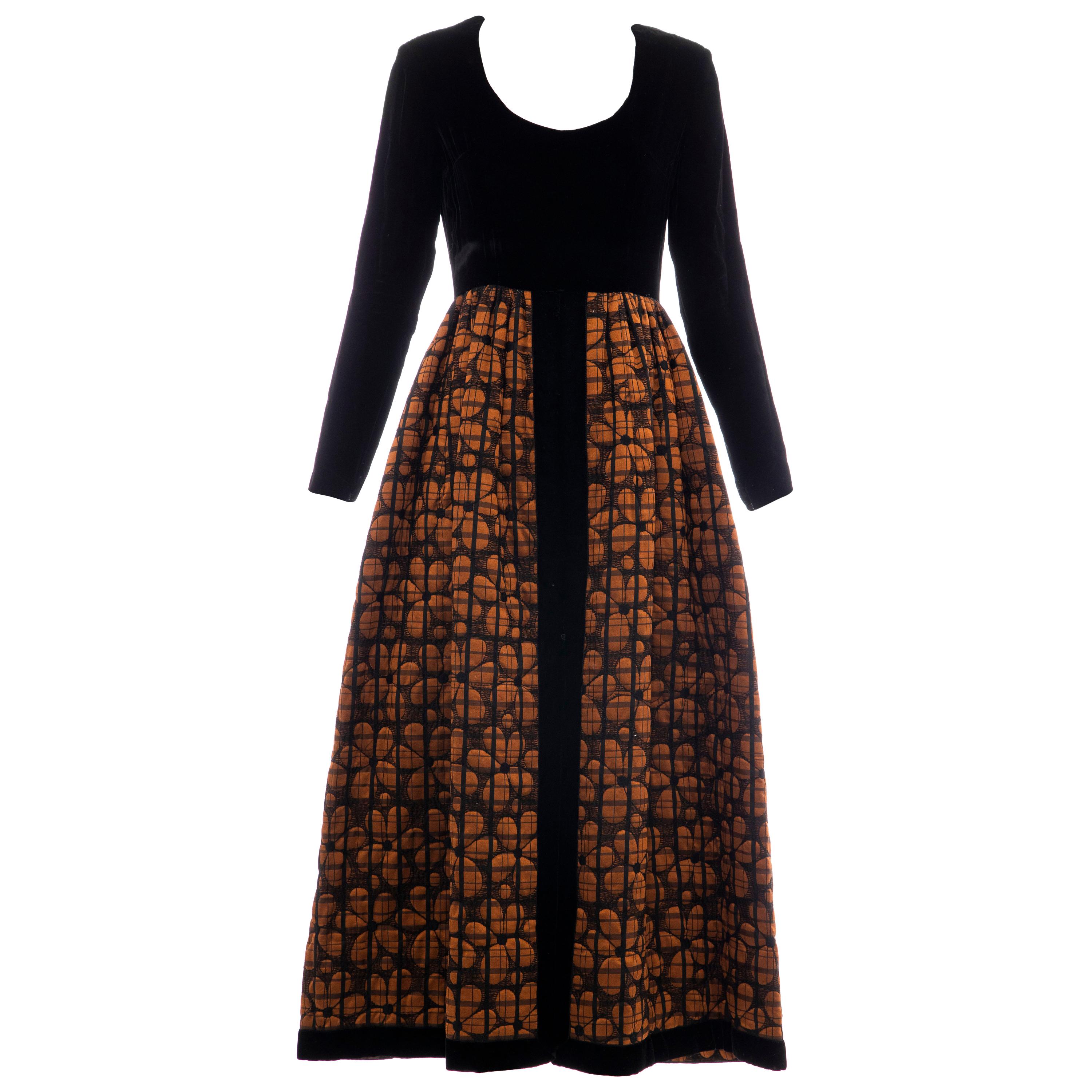 Lillie Rubin Black Silk Velvet Copper Quilted Skirt Evening Dress, Circa: 1970's