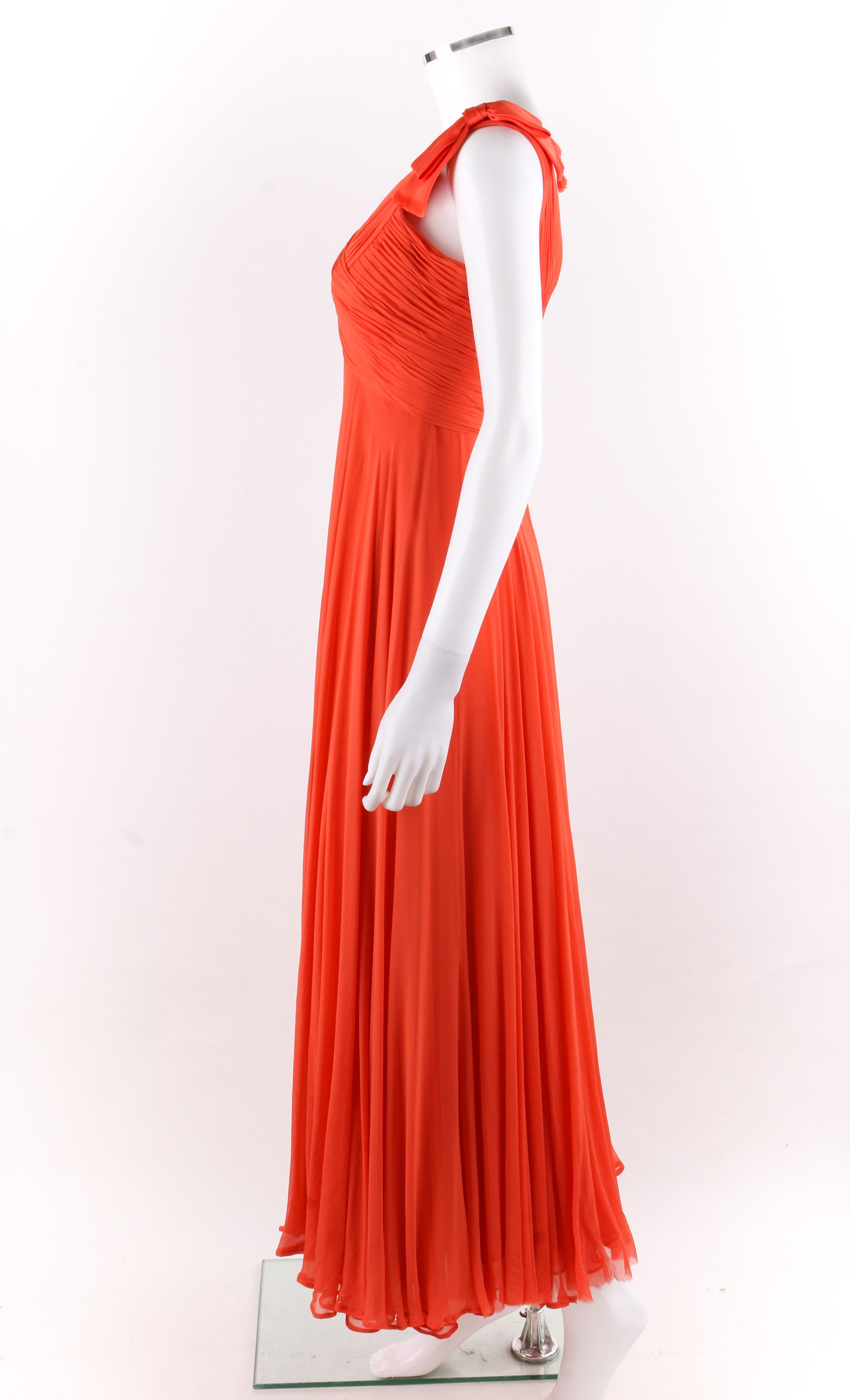 Red LILLIE RUBIN c.1960's Coral Silk Chiffon Empire Waist Surplice Maxi Dress Gown For Sale