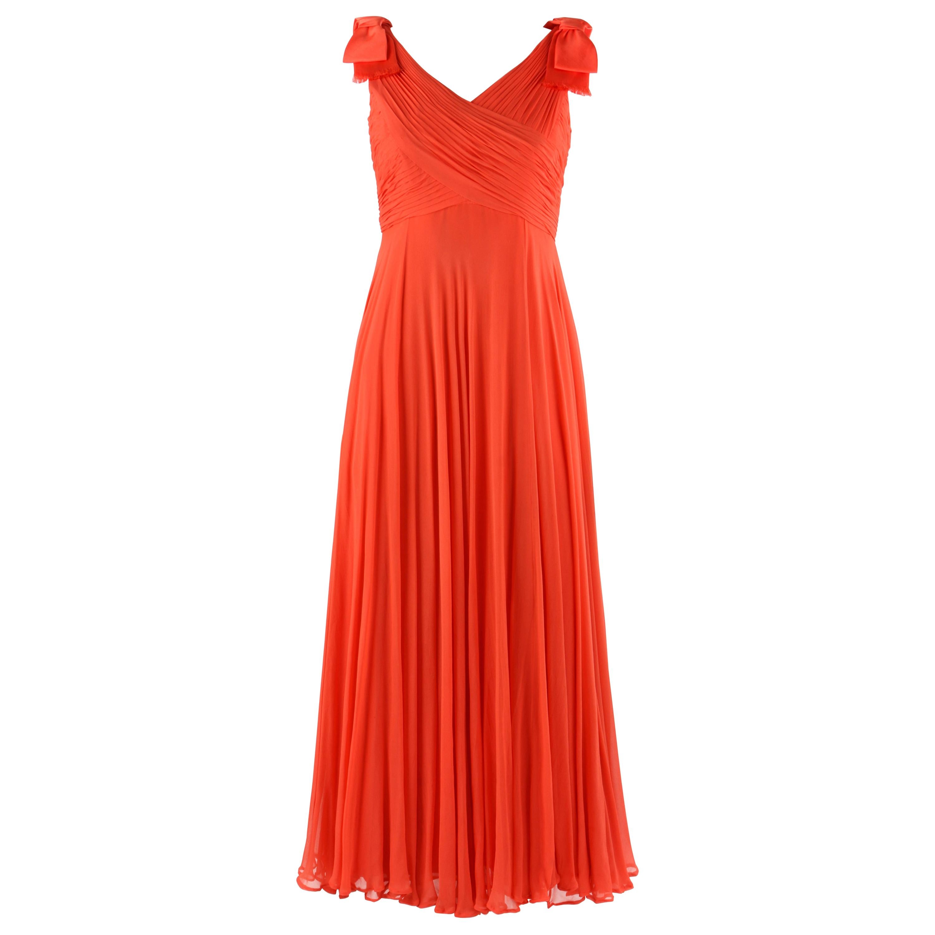 LILLIE RUBIN c.1960's Coral Silk Chiffon Empire Waist Surplice Maxi Dress Gown For Sale