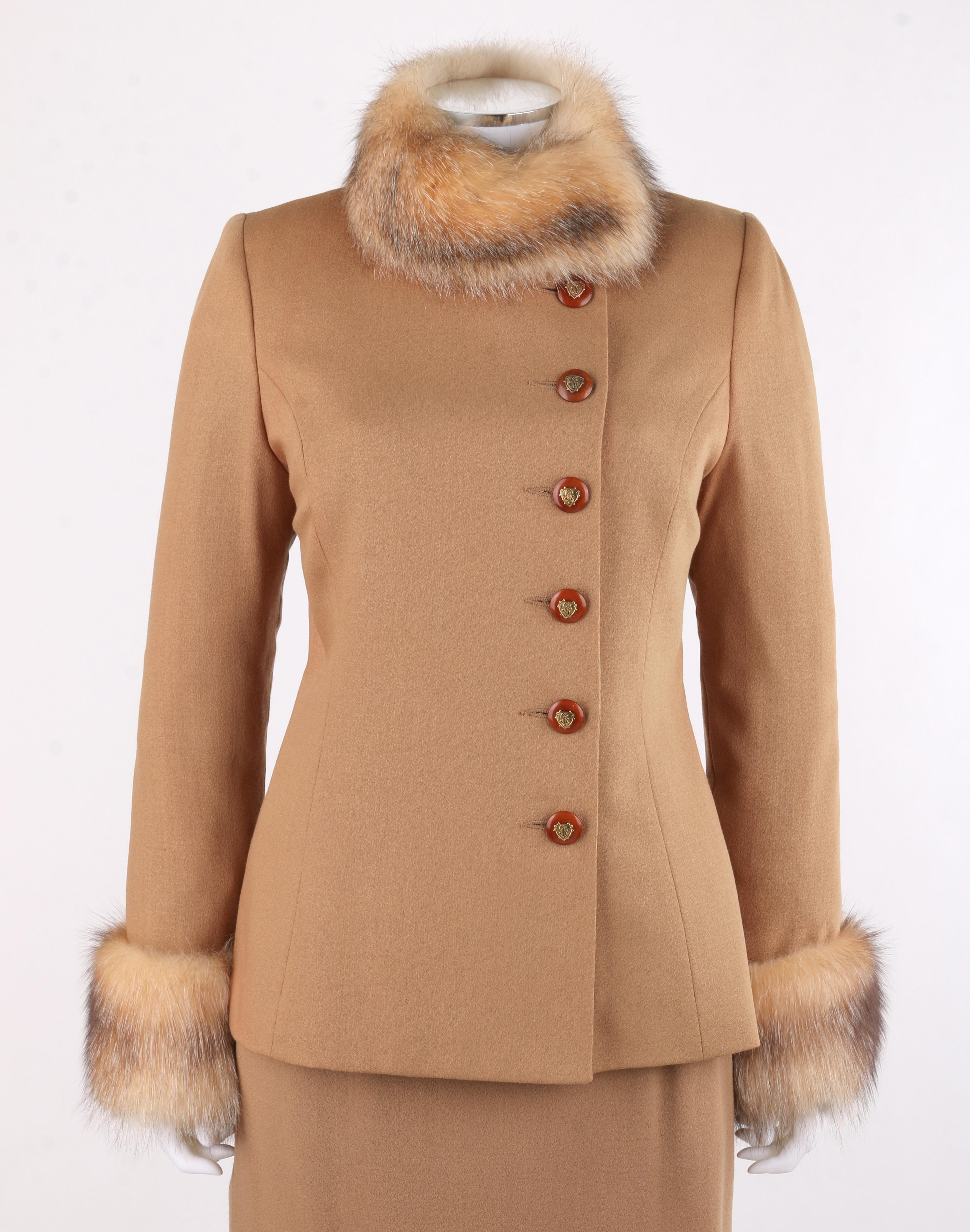 LILLIE RUBIN c.1980’s 2 Pc. Peruvian Camel Red Fox Fur Wool Blazer Jacket Skirt Set 
 
Circa: 1980’s  
Label(s): Lillie Rubin / Made in USA / 6 
Designer: Lillie Rubin
Style: Blazer Jacket / S
Color(s): Brown (reddish hue)
Lined: Yes
Marked Fabric