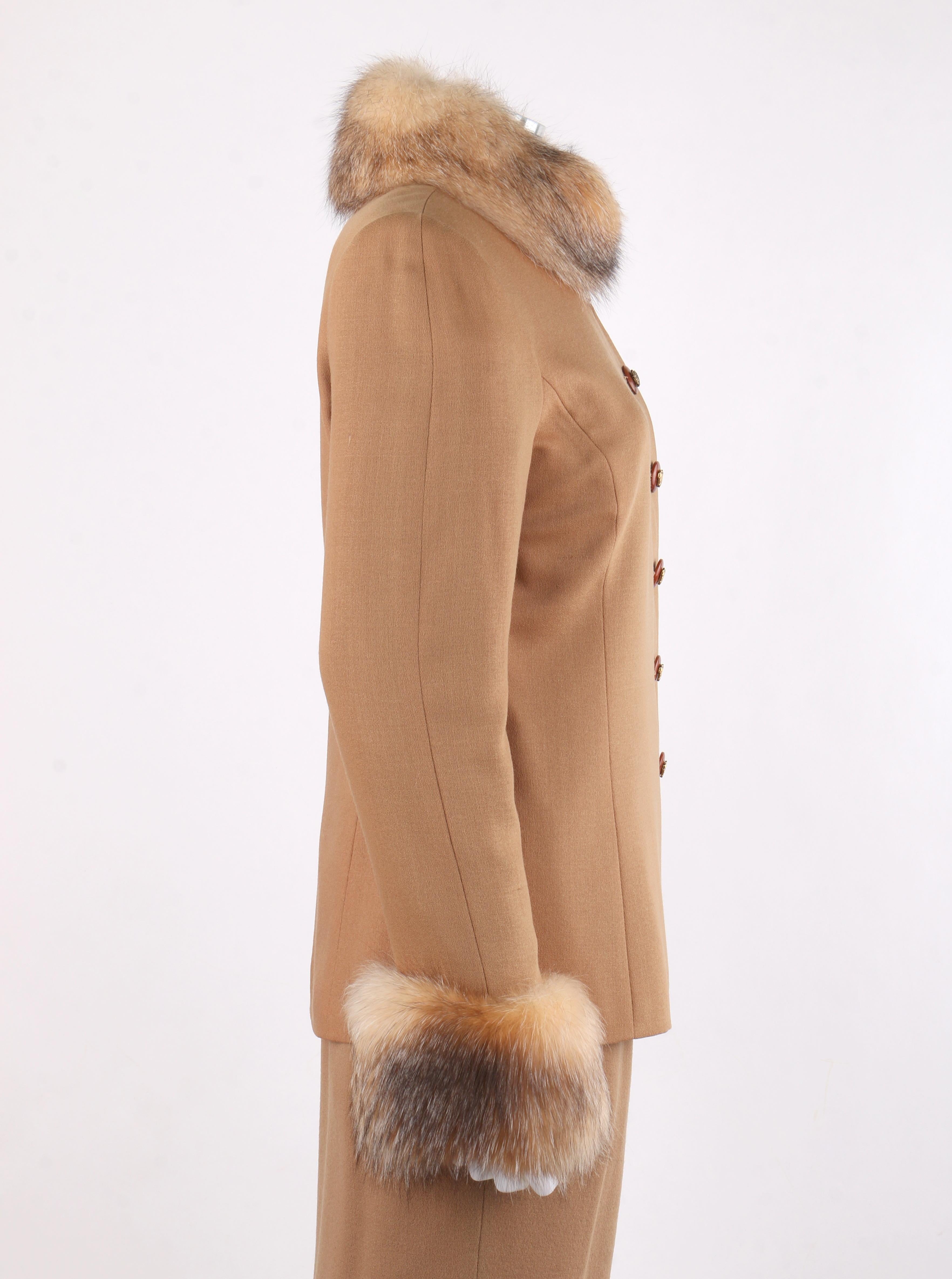Brown LILLIE RUBIN c.1980’s Peruvian Camel Red Fox Fur Wool Blazer Jacket Skirt Set 