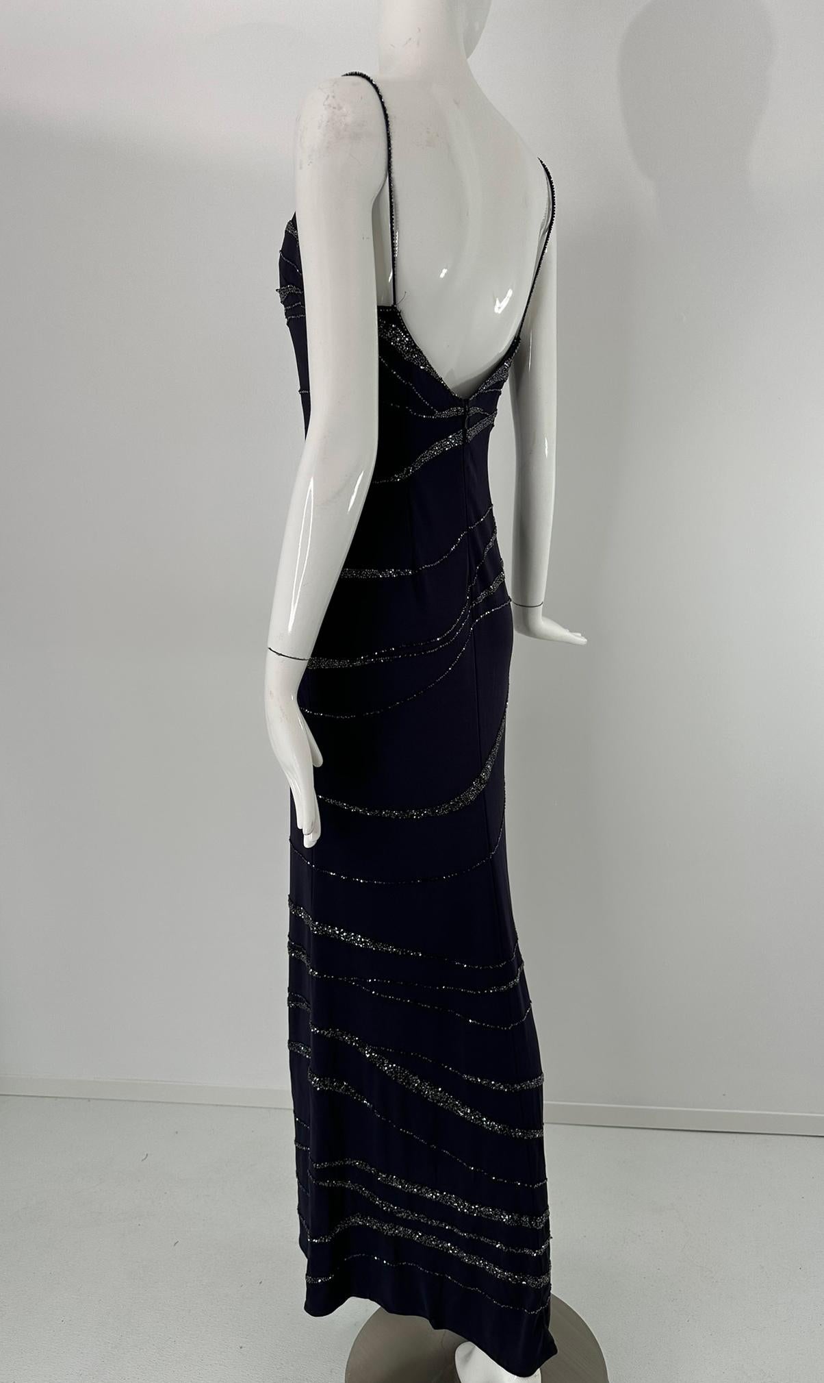 Lillie Rubin Dunkelblauer Krepp Glitzerndes Blaues Glasperlen-Maxi-Kleid 4 im Angebot 5