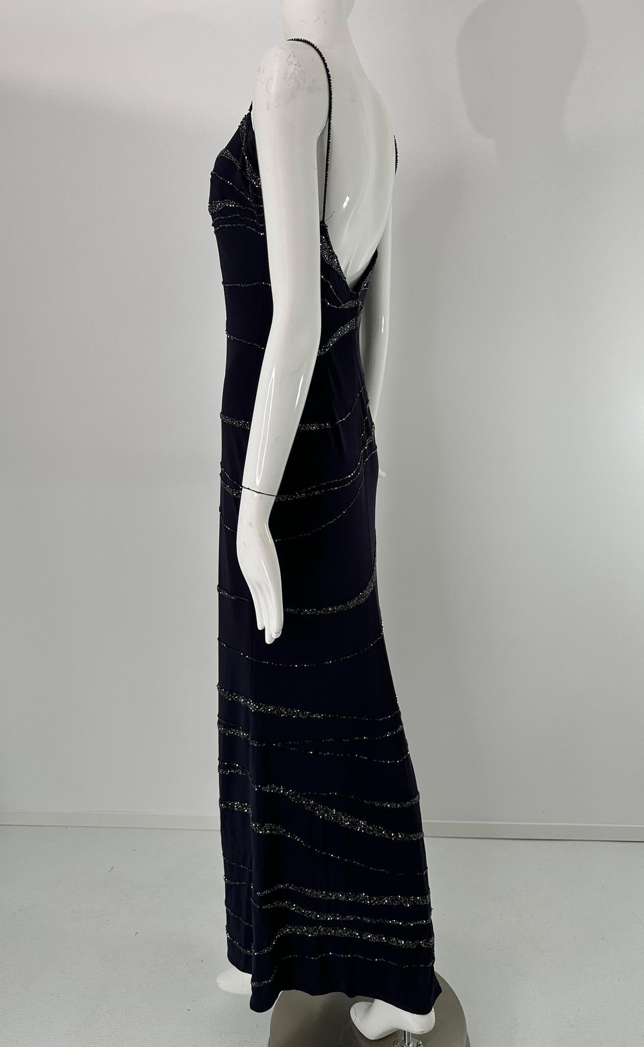 Lillie Rubin Dunkelblauer Krepp Glitzerndes Blaues Glasperlen-Maxi-Kleid 4 im Angebot 6