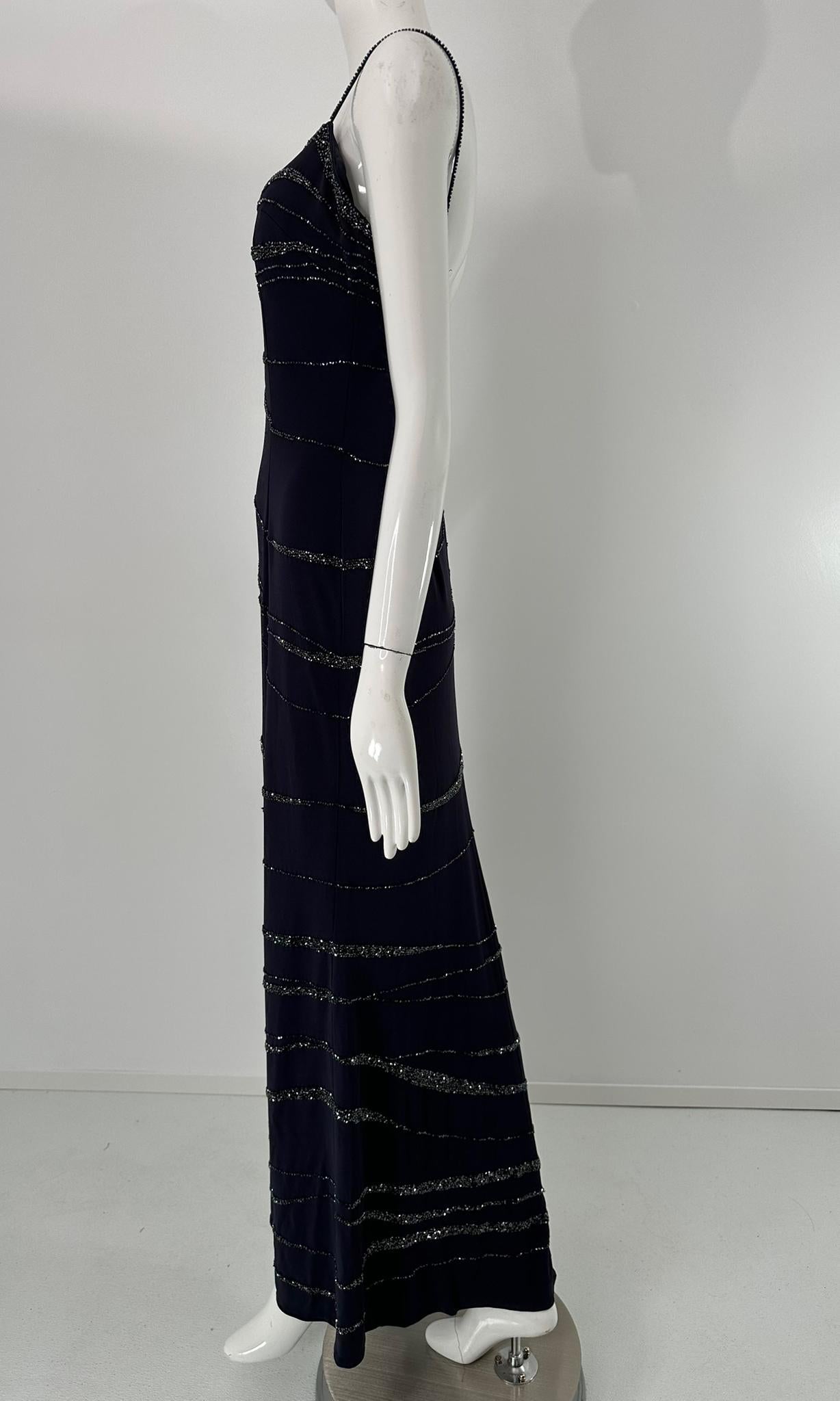 Lillie Rubin Dunkelblauer Krepp Glitzerndes Blaues Glasperlen-Maxi-Kleid 4 im Angebot 7