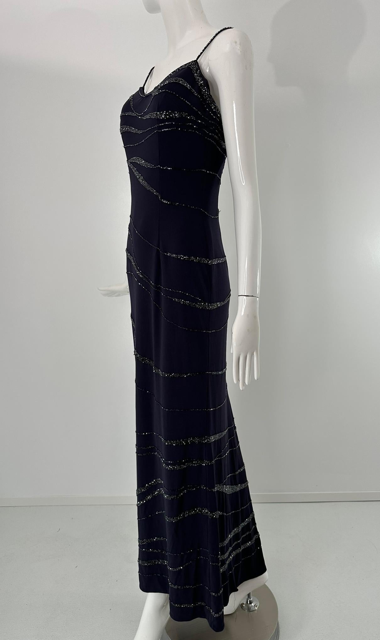 Lillie Rubin Dunkelblauer Krepp Glitzerndes Blaues Glasperlen-Maxi-Kleid 4 im Angebot 8