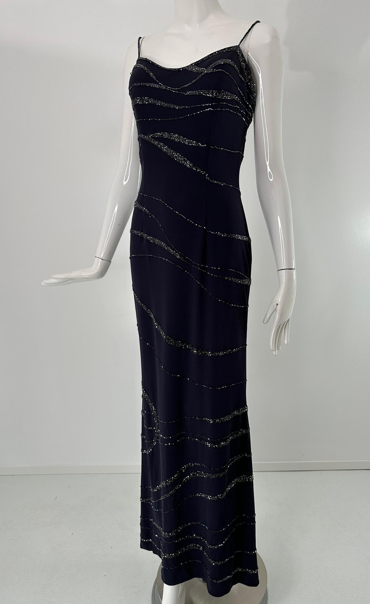 Lillie Rubin Dunkelblauer Krepp Glitzerndes Blaues Glasperlen-Maxi-Kleid 4 im Angebot 9