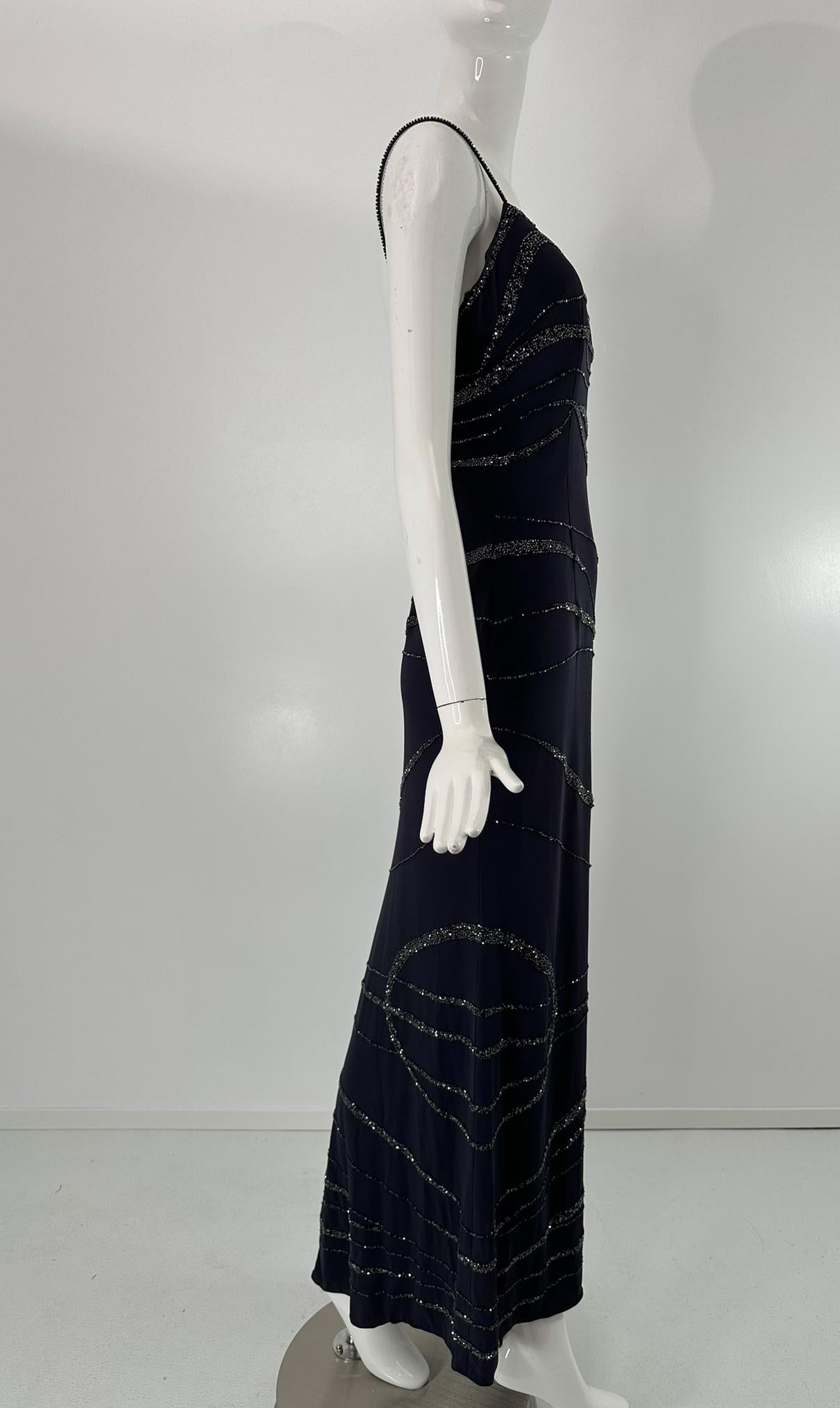 Lillie Rubin Dunkelblauer Krepp Glitzerndes Blaues Glasperlen-Maxi-Kleid 4 im Zustand „Gut“ im Angebot in West Palm Beach, FL