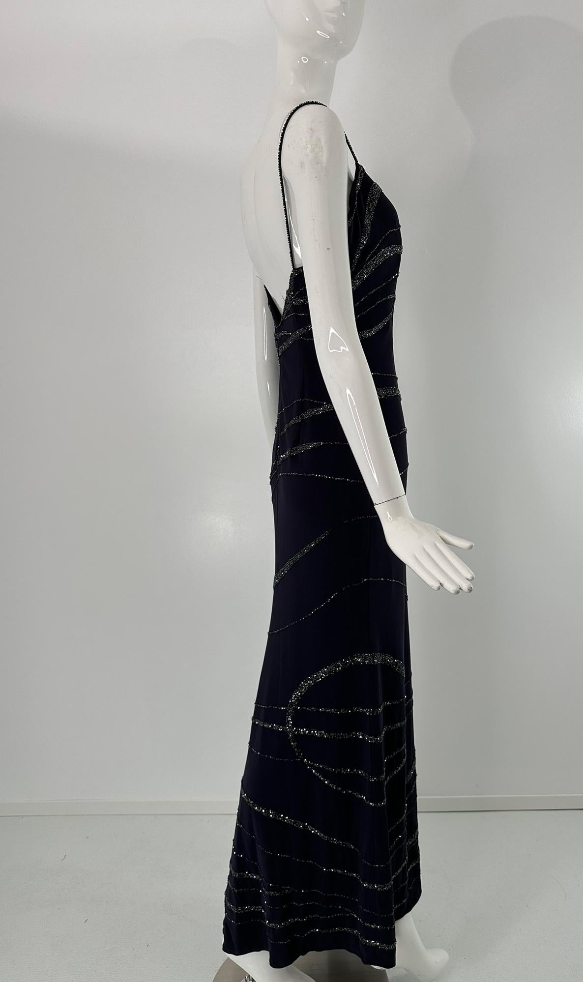 Lillie Rubin Dunkelblauer Krepp Glitzerndes Blaues Glasperlen-Maxi-Kleid 4 Damen im Angebot