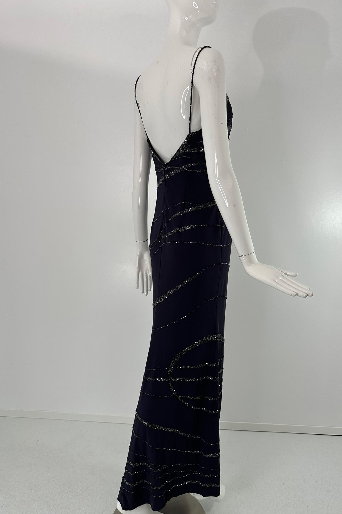 Lillie Rubin Dunkelblauer Krepp Glitzerndes Blaues Glasperlen-Maxi-Kleid 4 im Angebot 1