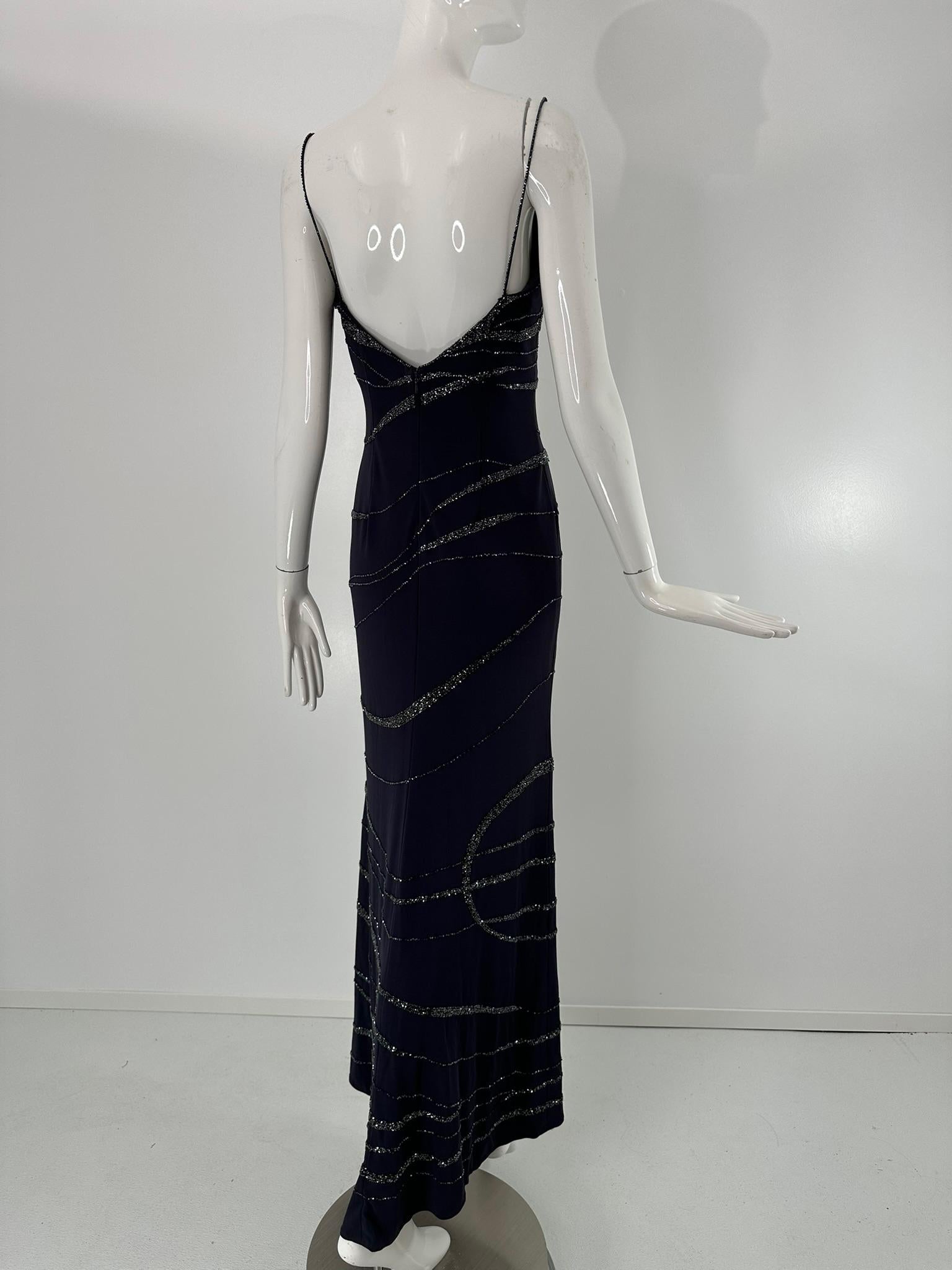 Lillie Rubin Dunkelblauer Krepp Glitzerndes Blaues Glasperlen-Maxi-Kleid 4 im Angebot 2