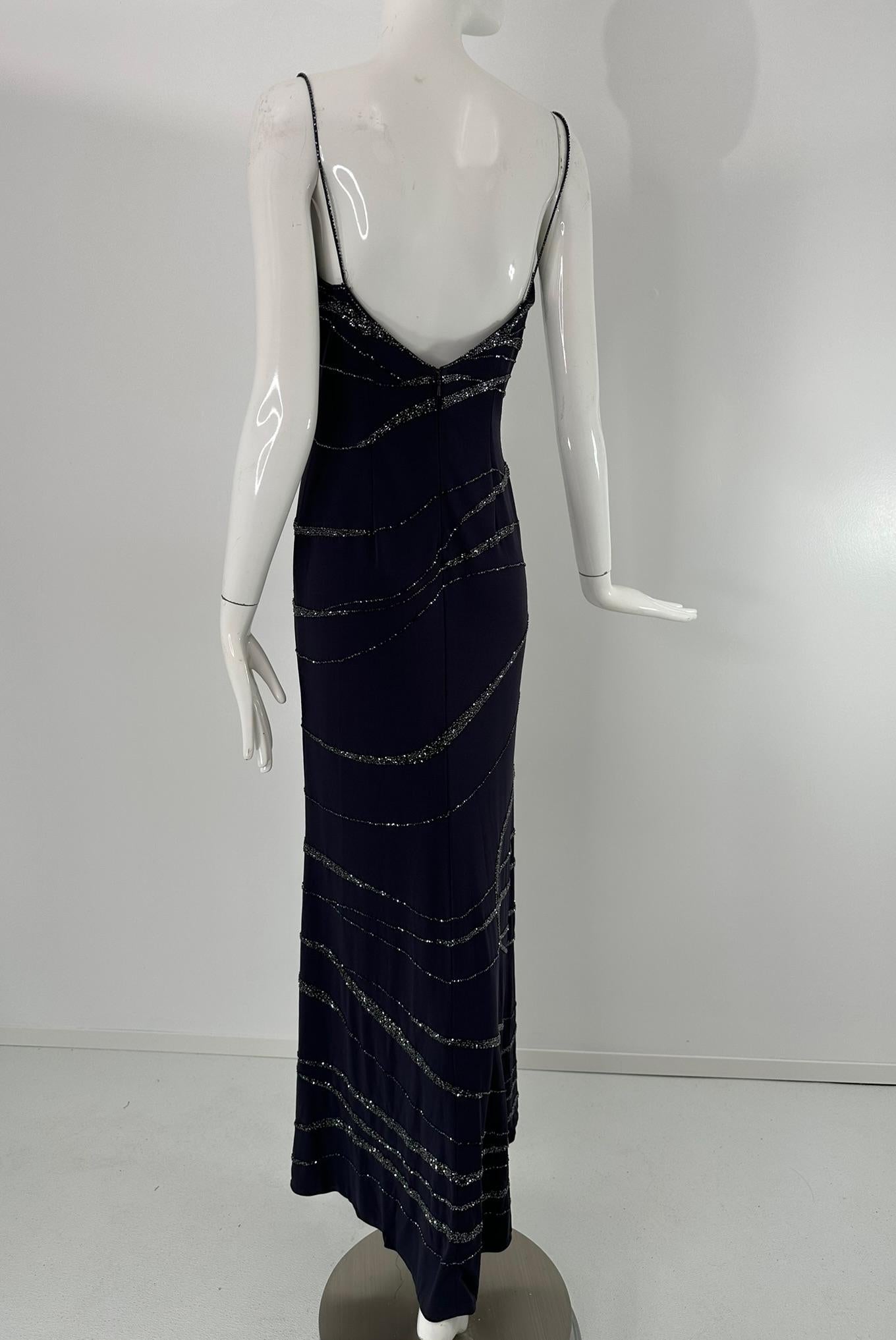 Lillie Rubin Dunkelblauer Krepp Glitzerndes Blaues Glasperlen-Maxi-Kleid 4 im Angebot 4