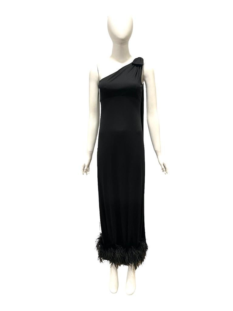 LILLIE RUBIN Evening Gown 
Feathered trim
Bow accent and long sash over shoulder
Condition: Excellent
Silk blend
28