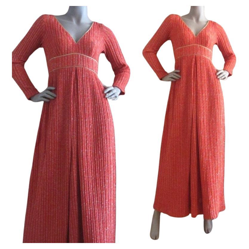 Red Lillie Rubin Fiery Orange Metallic Maxi Dress, Circa 1960s For Sale