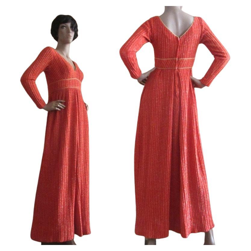 Lillie Rubin Fiery Orange Metallic Maxi Dress, Circa 1960s In Excellent Condition For Sale In Brooklyn, NY
