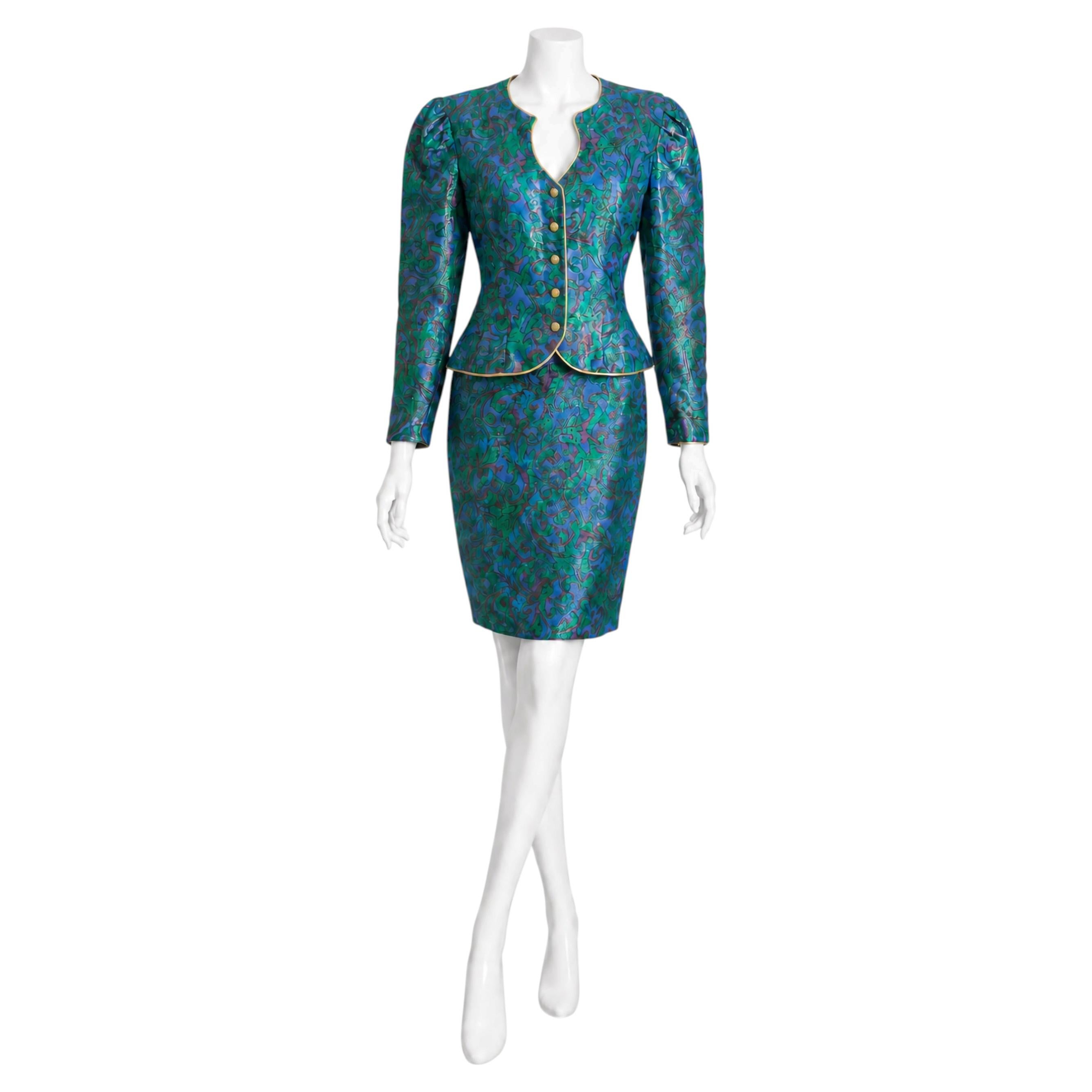 Lillie Rubin Late 1980s Vintage Silk Jacquard Two-Piece Skirt Suit