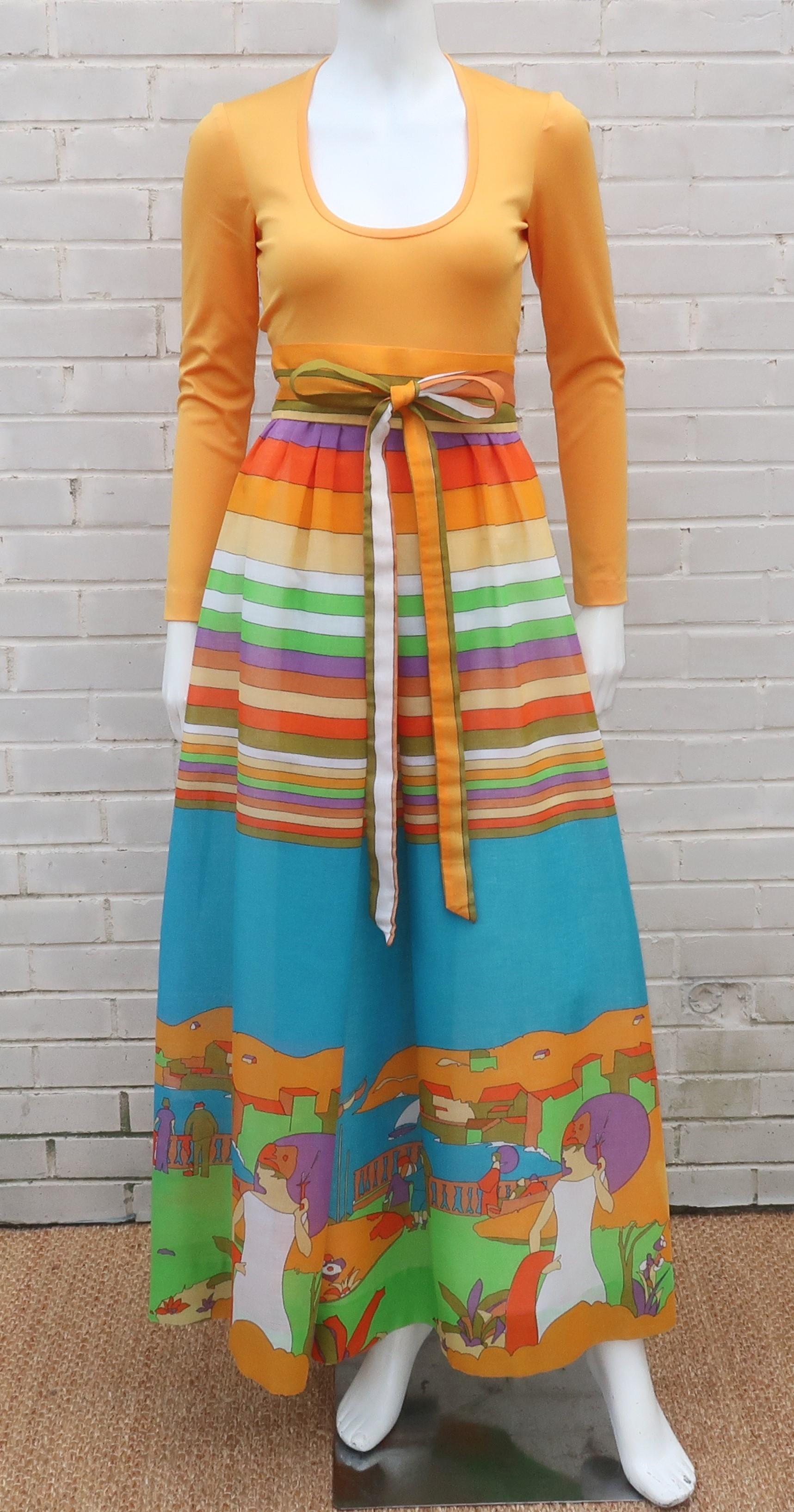 1970's Lillie Rubin Collection 700 maxi dress with an orange sherbet color jersey bodice and a gauzy cotton blend fabric skirt with an Art Deco revival print displaying shades of orange, green, purple, yellow, red and aqua blue.  The dress zips and
