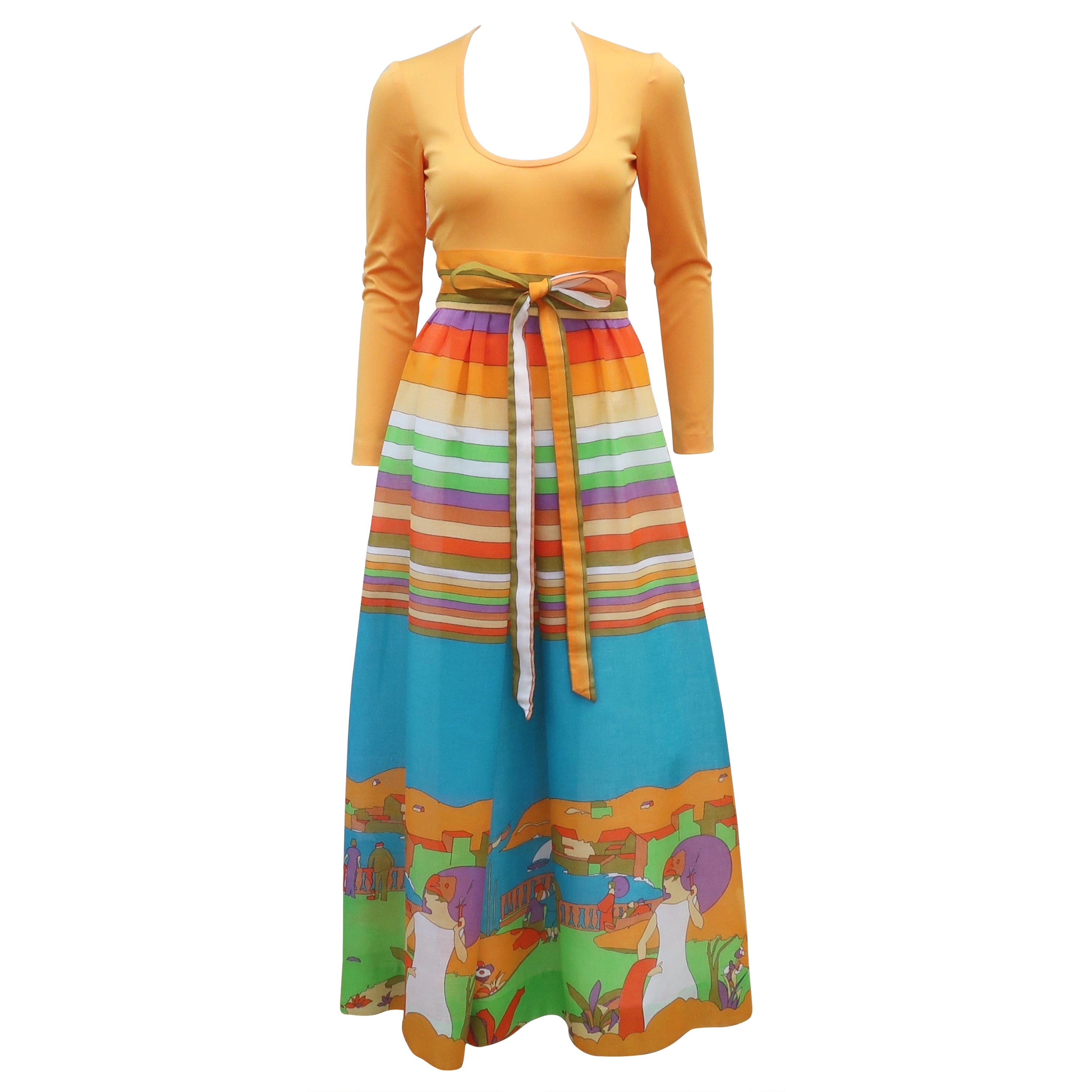 Lillie Rubin Maxi Dress With Art Deco Revival Print, 1970
s