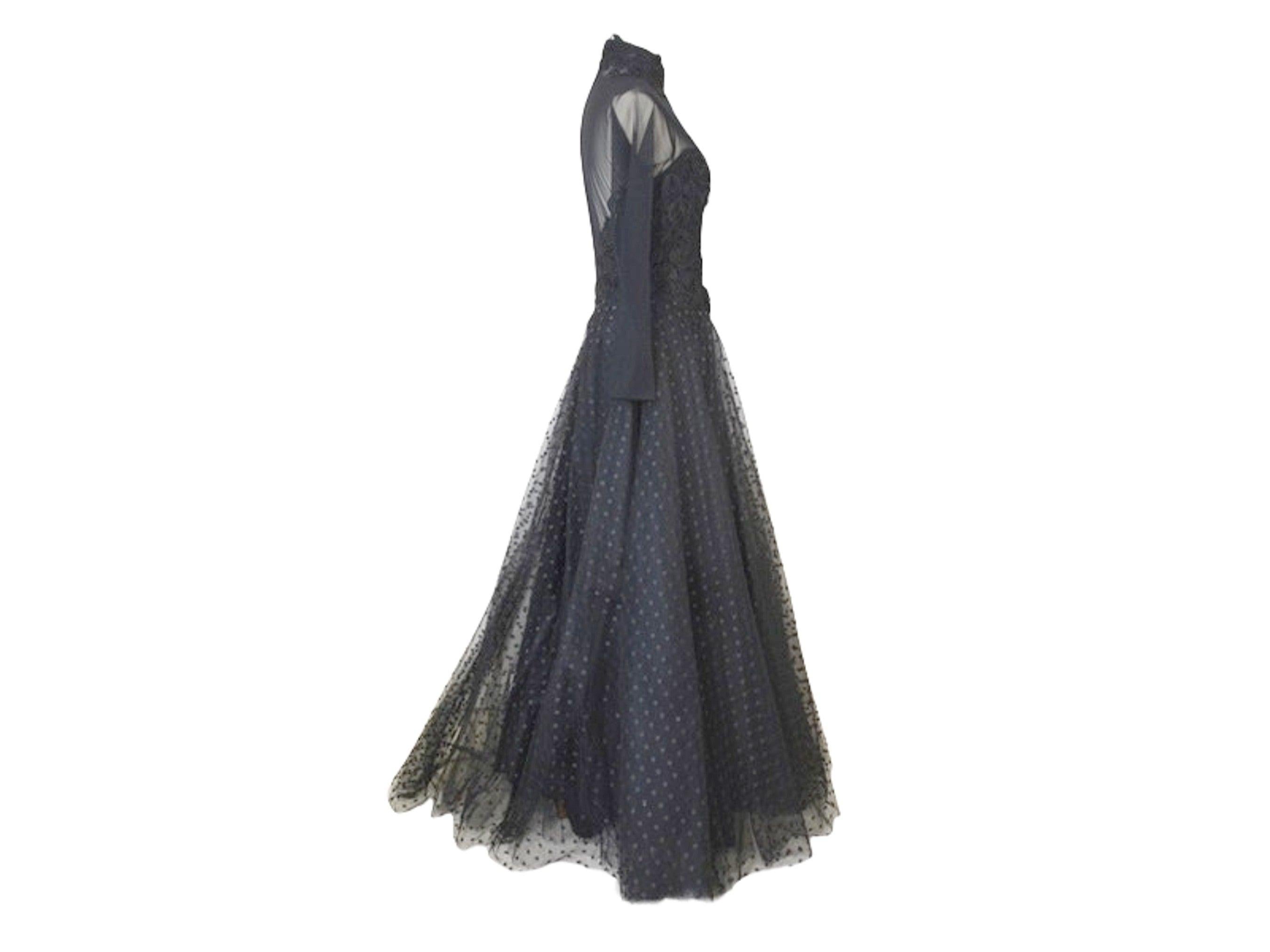 Lillie Rubin Sheer Black Polka Dot and Lace Soft Tulle Gothic Evening Gown SM In Good Condition For Sale In North Attleboro, MA